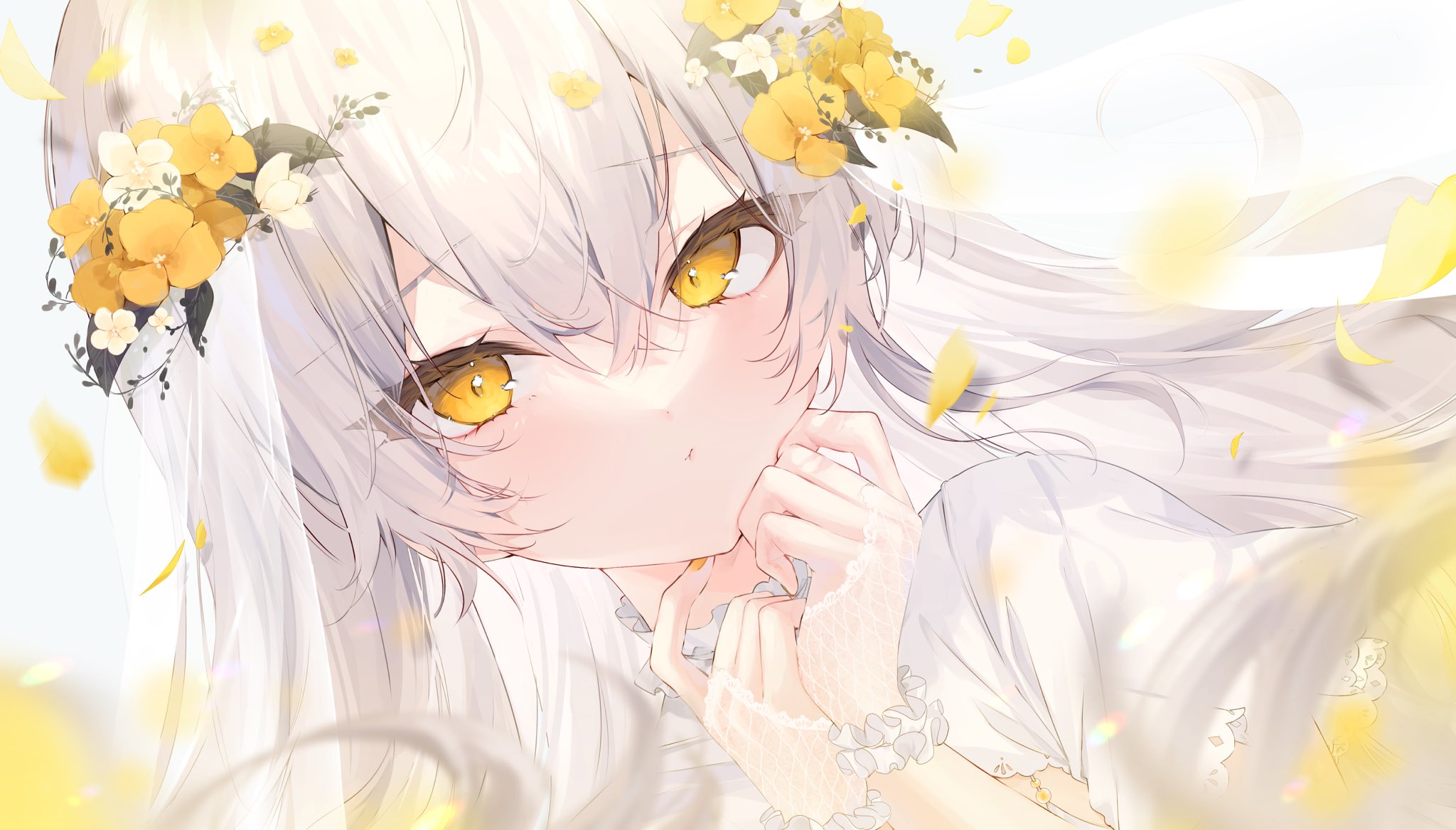 Anime Anime Girls Yellow Eyes White Hair Flower In Hair Wallpaper