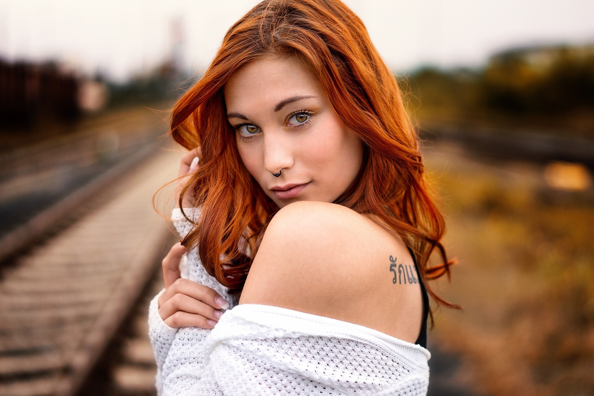 Women Model Redhead Yellow Eyes Tattoo White Clothing Railway Looking At Viewer Pierced Nose