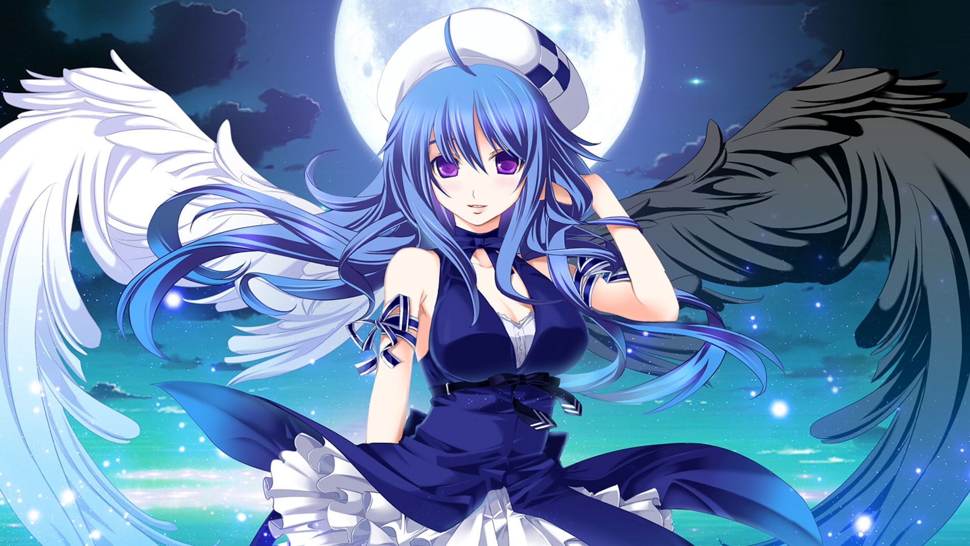 Anime Wings Moon Anime Girls Blue Hair Purple Eyes Blue Dress Ribbon ...