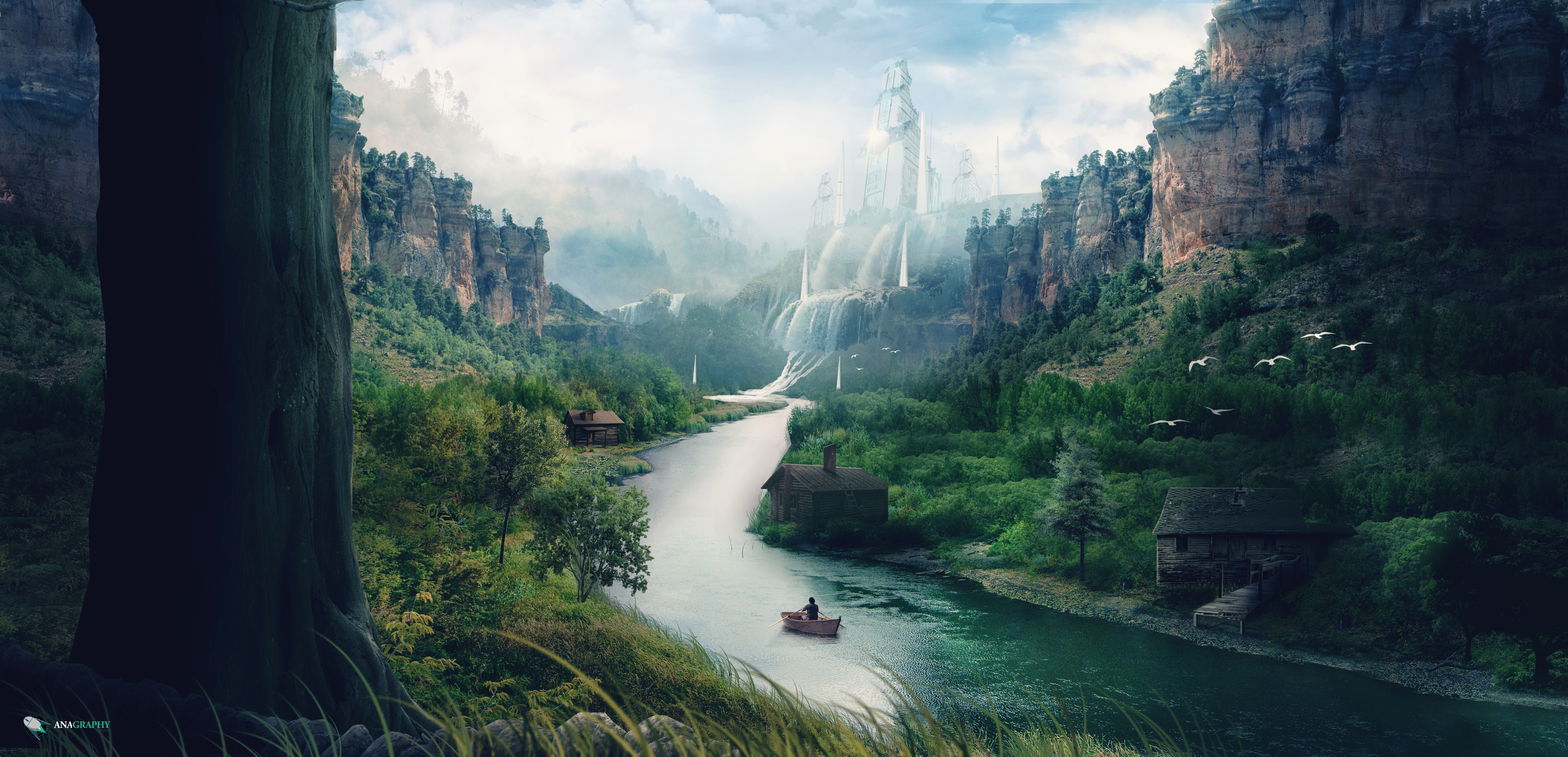 Landscape River Mountains Stream Waterfall Boat Matte Painting 6331x3056