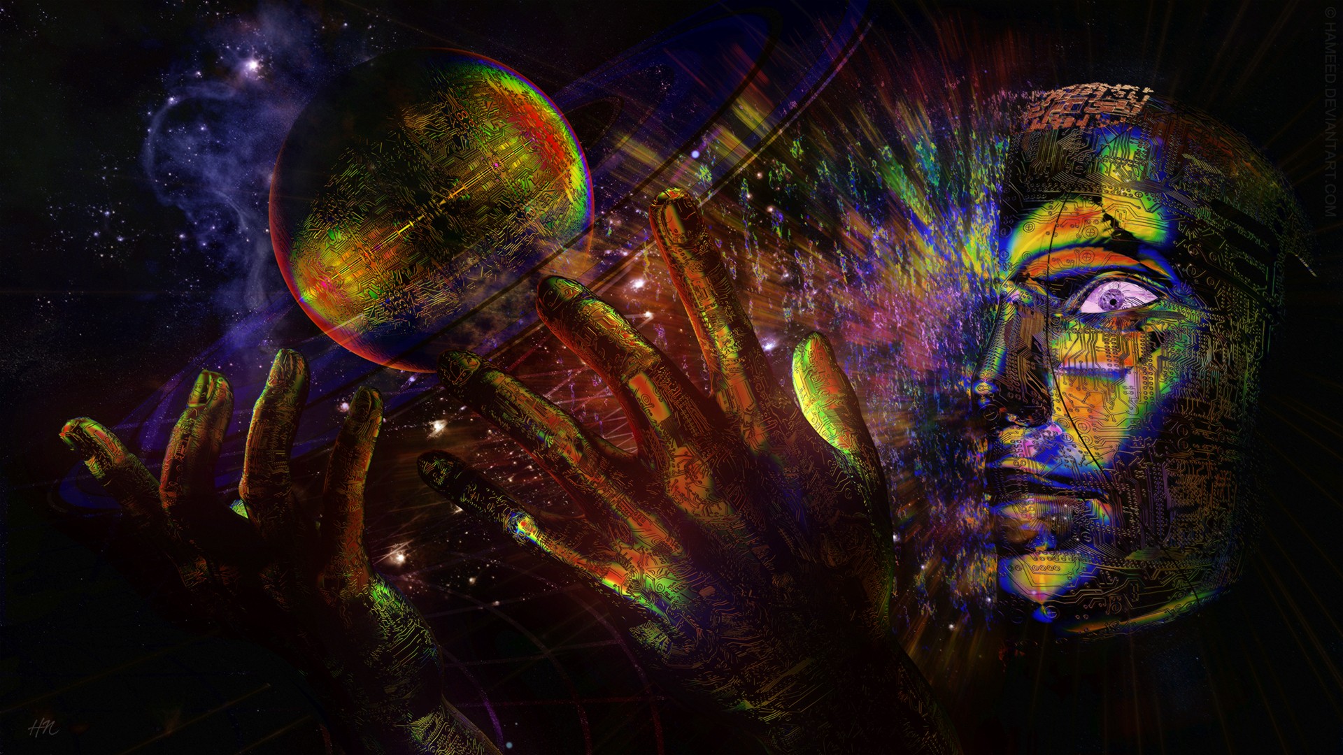Psychedelic Circuits Space Hands Face Planet Space Art 1920x1080
