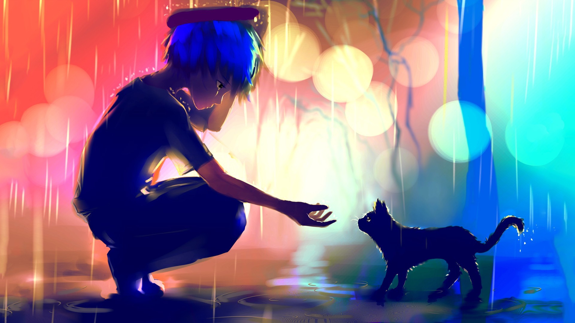 Artwork Rain Cats Apofiss Blue Hair Bokeh Anime Girls Lights Animals Red 1920x1080