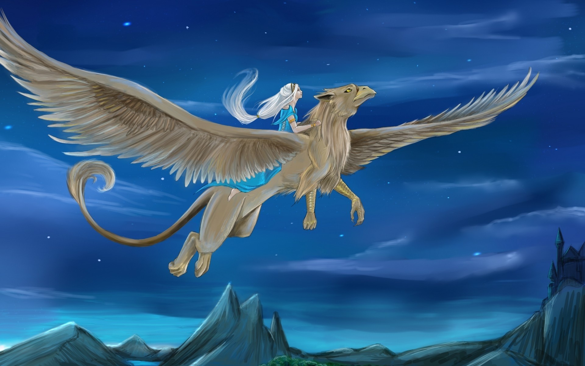 Fantasy Art Griffins Creature Night Sky Wings Fantasy Girl 1920x1200