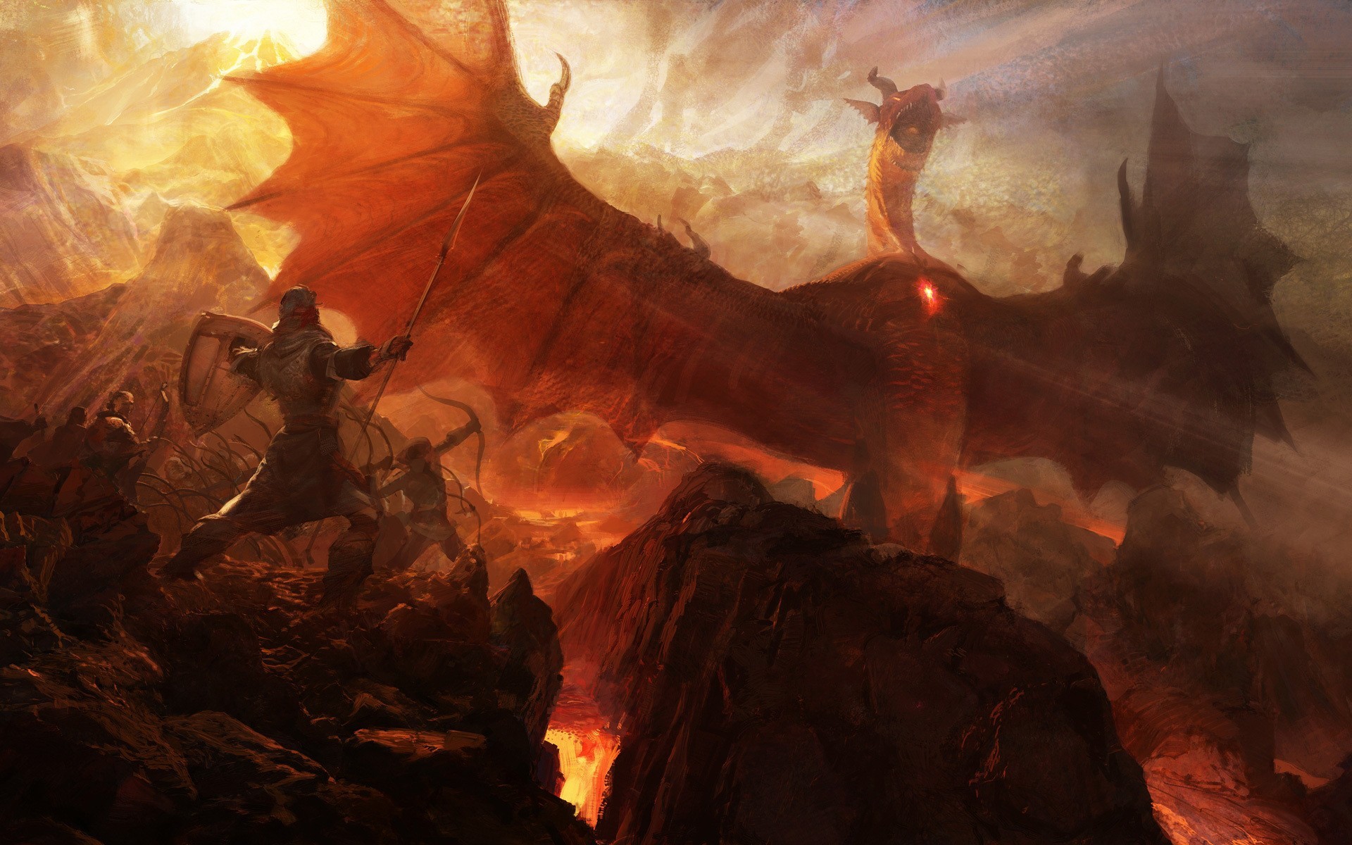 Dragons Dogma Dragon Fantasy Art Digital Art Wings Soldier Fighting War Shields Spear Archer Rock La 1920x1200