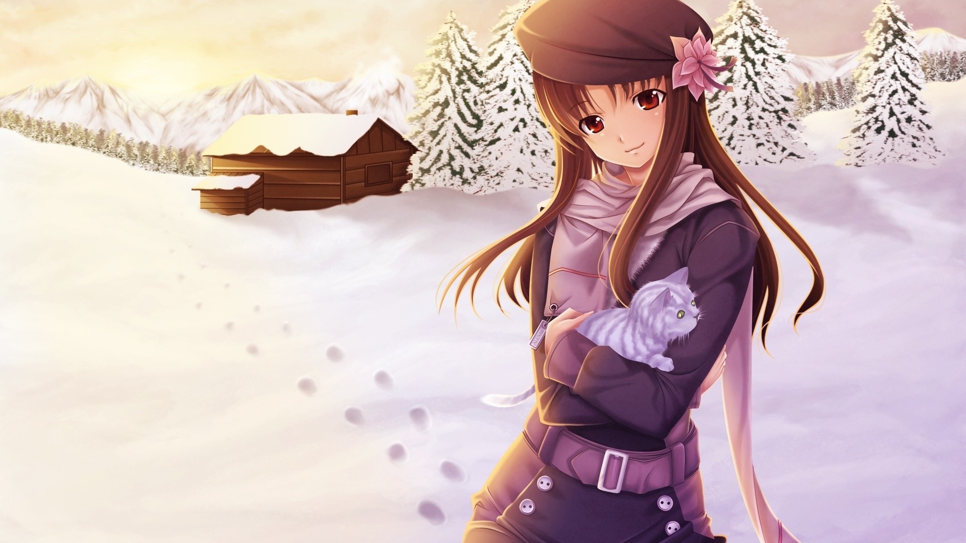 Anime Anime Girls Original Characters Red Eyes Snow Brunette Winter Holo Spice And Wolf Cats Hat Lon 1920x1080