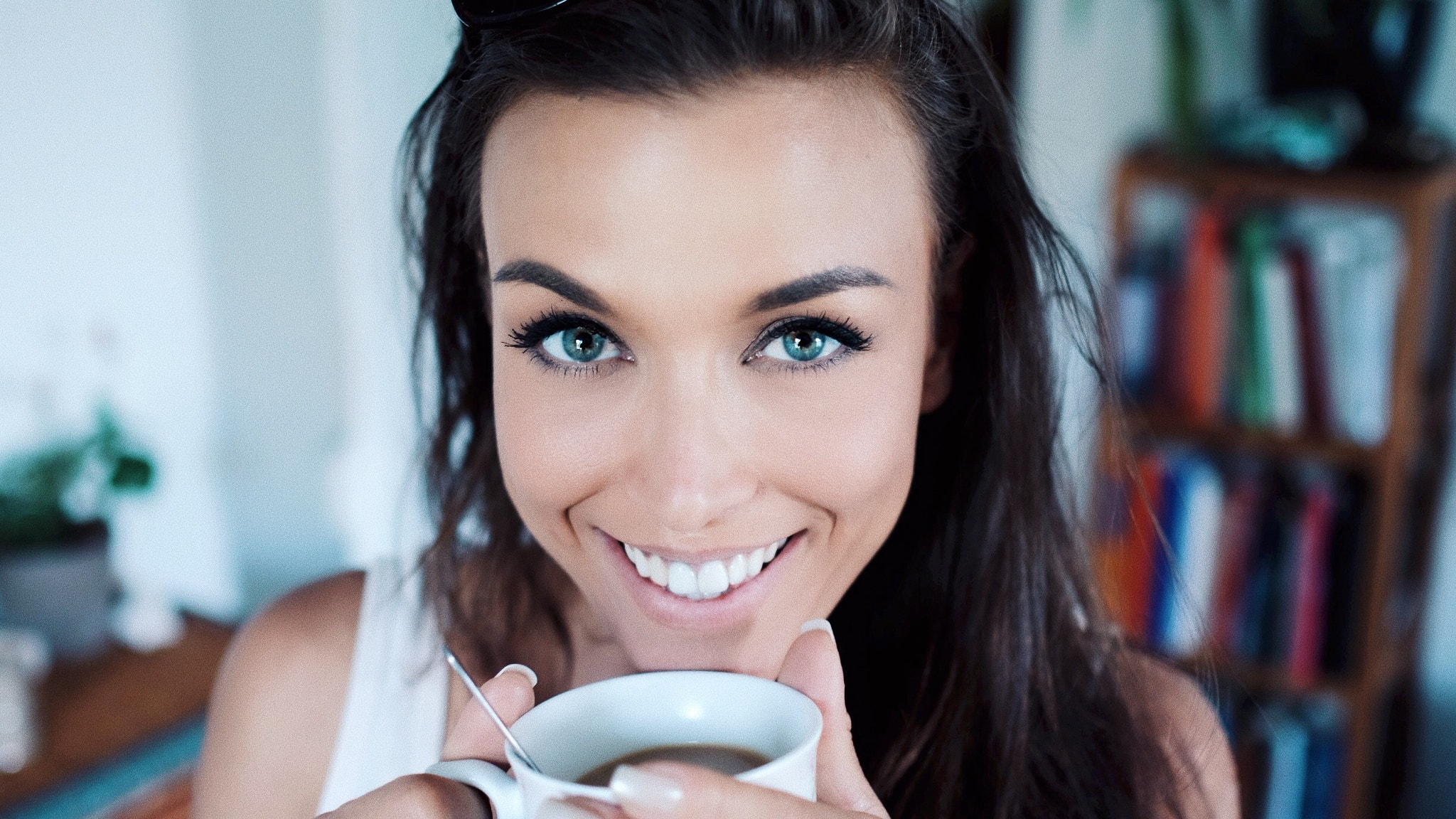 Gina Carla Women Face Portrait Cup Coffee Smiling Depth Of Field 2048x1152