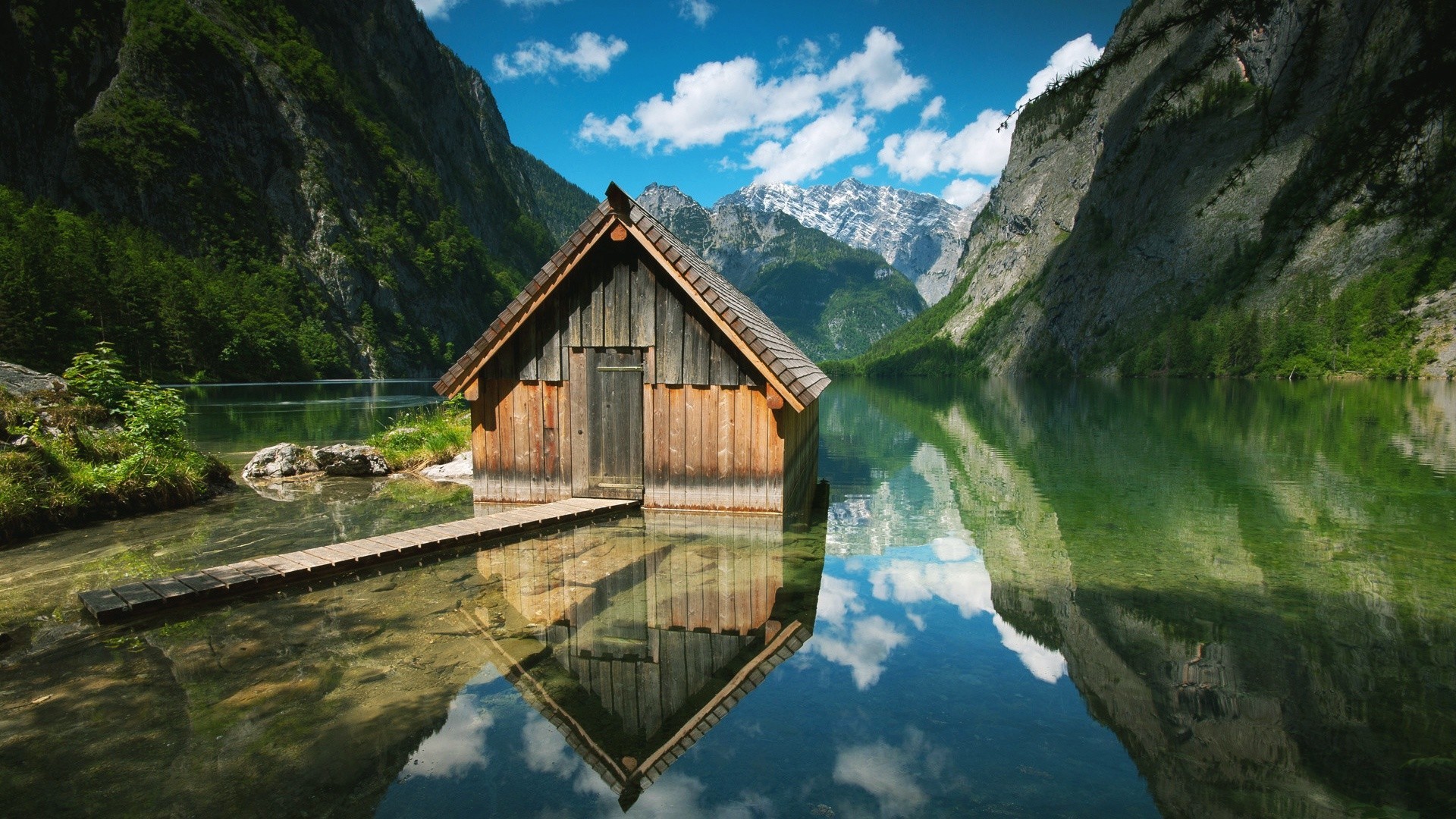 Lake Cabin Reflection Mountains Clouds Nature Landscape Obersee Obersee Lake 1920x1080