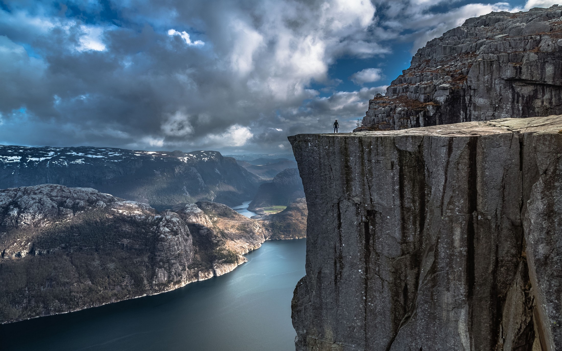 Nature Landscape Fjord Alone Cliff Mountains Norway Preikestolen Sea Rock Calm Water Valley Europe C 2200x1375