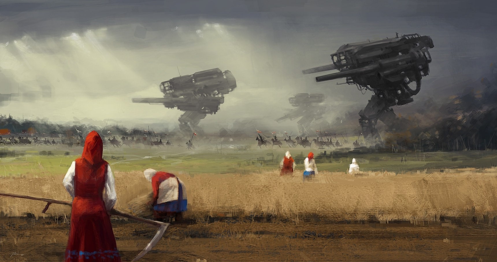 Dystopian Science Fiction Artwork Scythe Women Mech Workers Farmers Sky Futuristic 1720x907