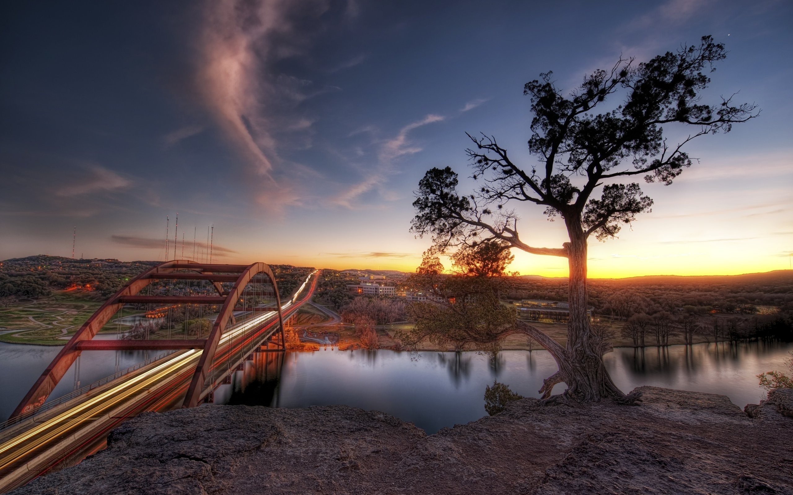 Nature HDR Sunset Bridge River Long Exposure Pennybacker Bridge Texas Austin Texas 2560x1600