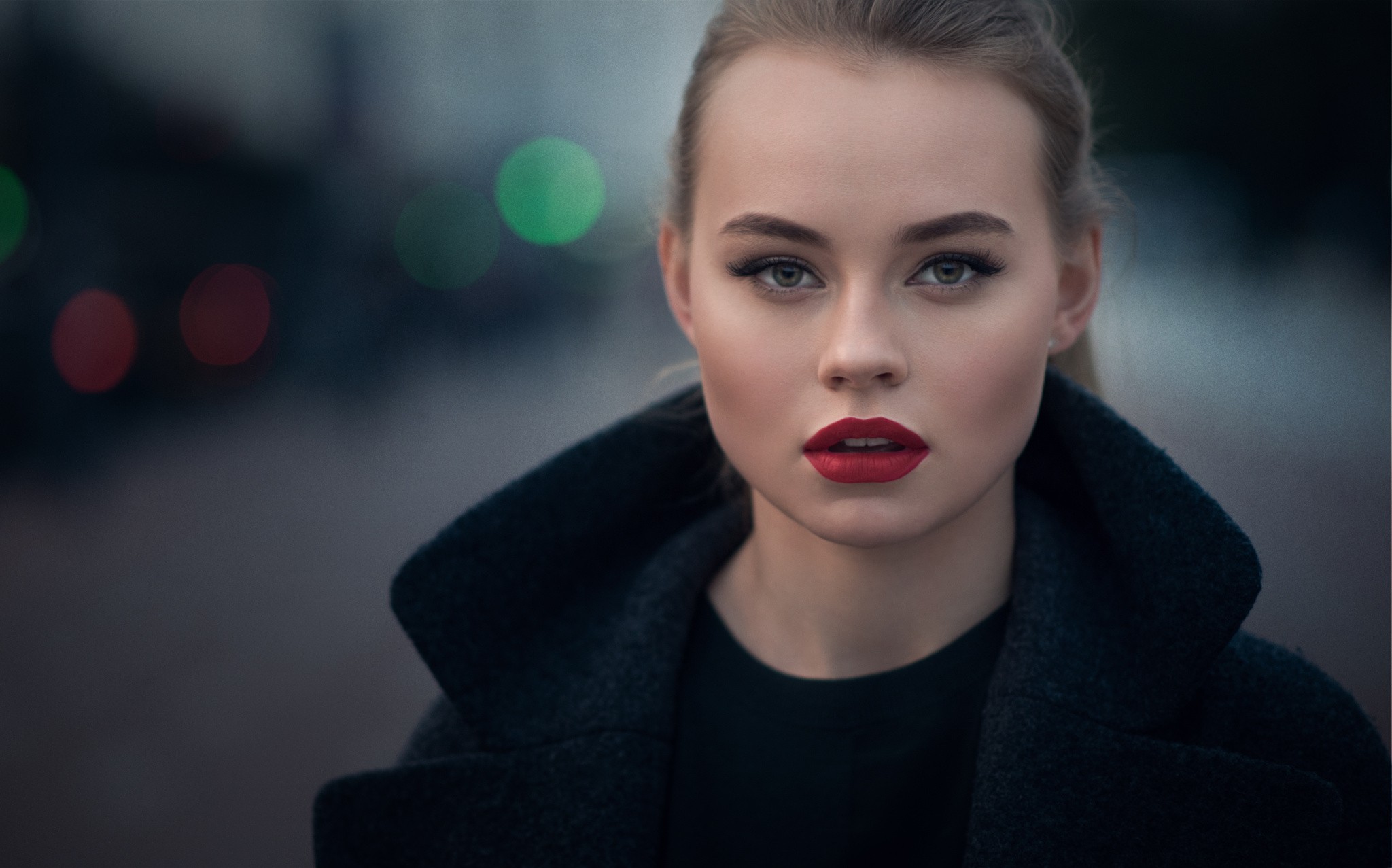 Women Brunette Face Women Outdoors Red Lipstick Portrait Black Clothing Street Depth Of Field Wide J 2048x1277