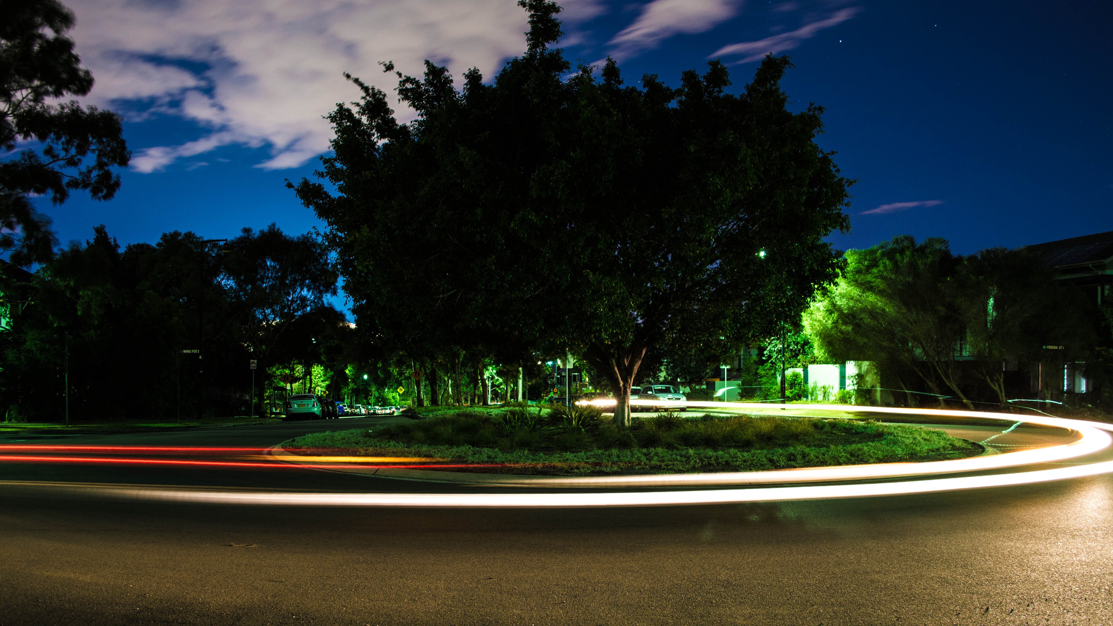 Roundabouts Long Exposure Road Trees Night HDR Lights 3840x2160