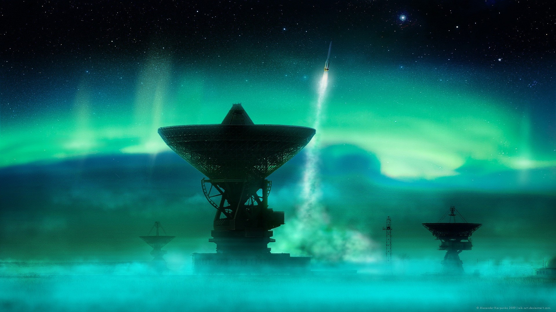 Science Fiction Stars Satellite Dish Rocket Turquoise Green 1920x1080