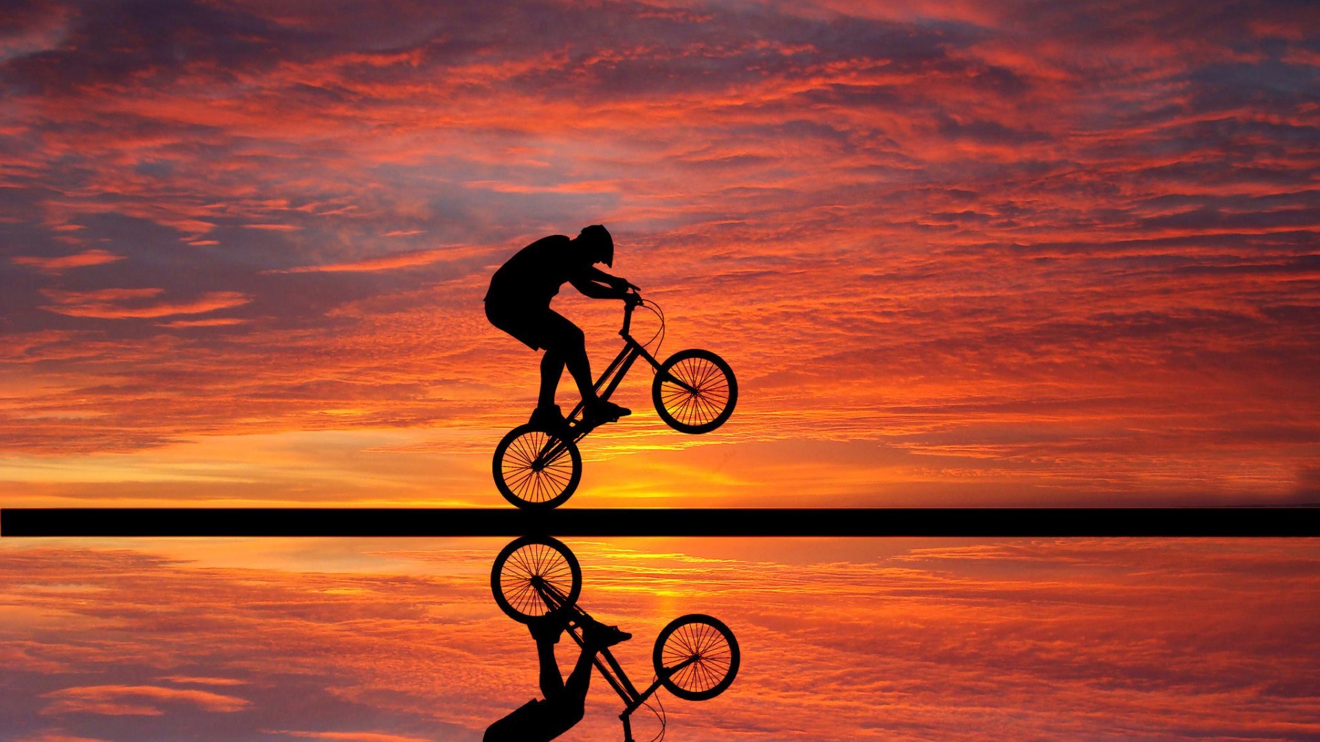 Bicycle Wheelie Silhouette Mirrored Sunset BMX 1920x1080