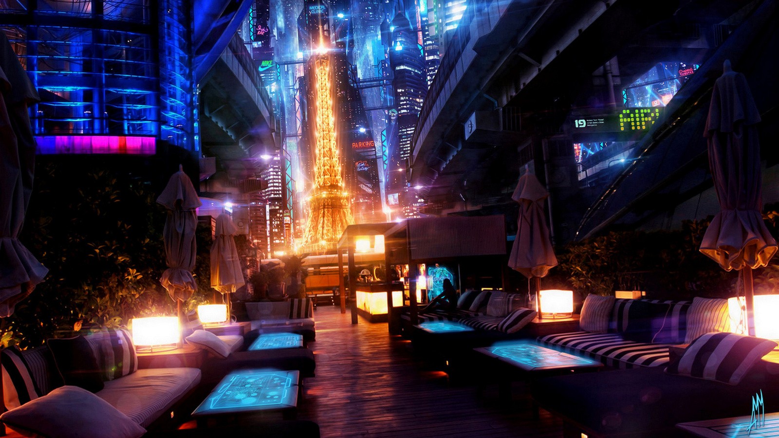 Japan Colorful Digital Art Cyberpunk Relaxation Bar Couch Table Eiffel Tower Replica Futuristic Futu 1600x900