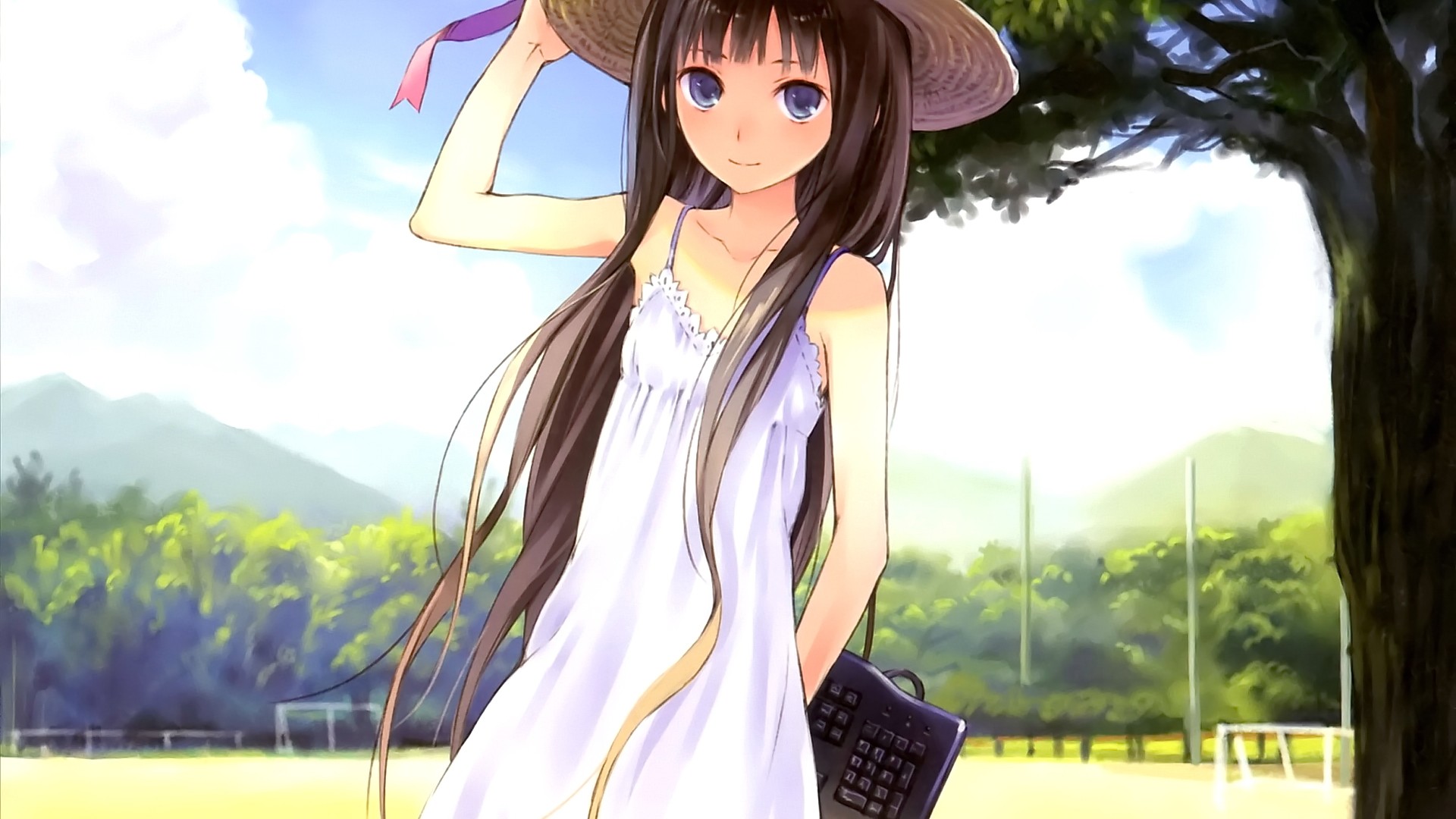 Anime Anime Girls Dress Brunette Long Hair Straw Hat Shionji Yuuko Forest Violet Eyes Sky Clouds Loo 1920x1080