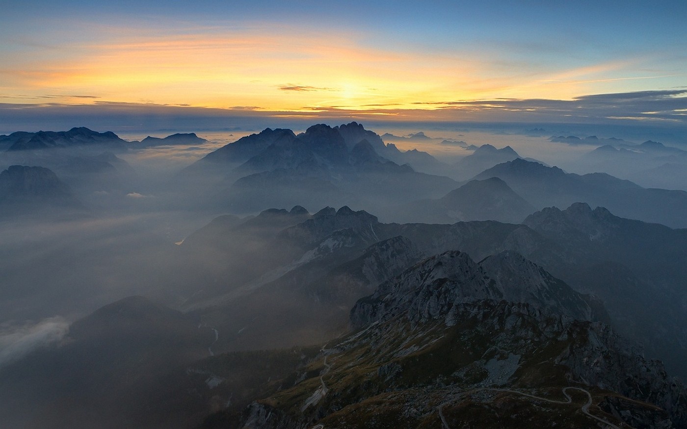 Nature Landscape Mountains Mist Summit Sky Clouds Infinity 1400x875