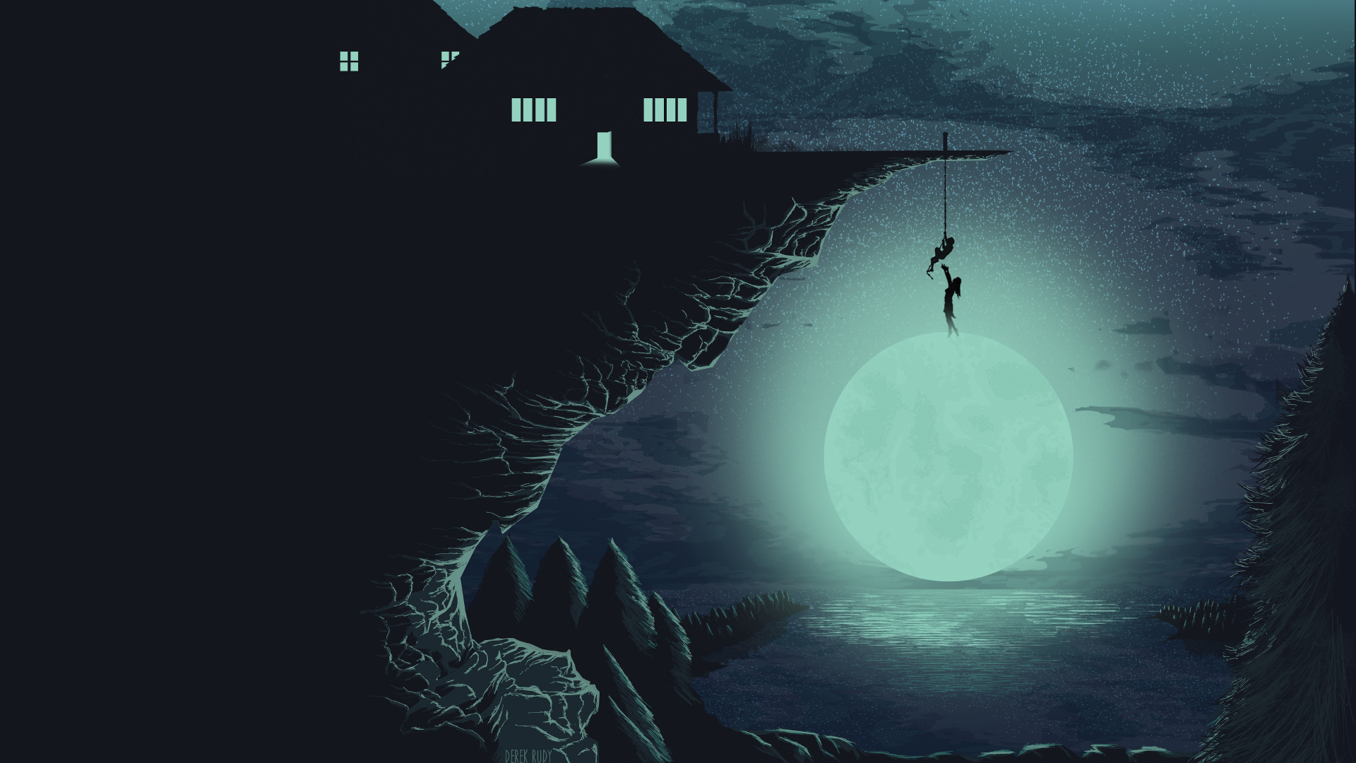 Minimalism Moon Night Artwork Cliff House Silhouette Climbing Stars Lake Derek Rudy Gray 1920x1080