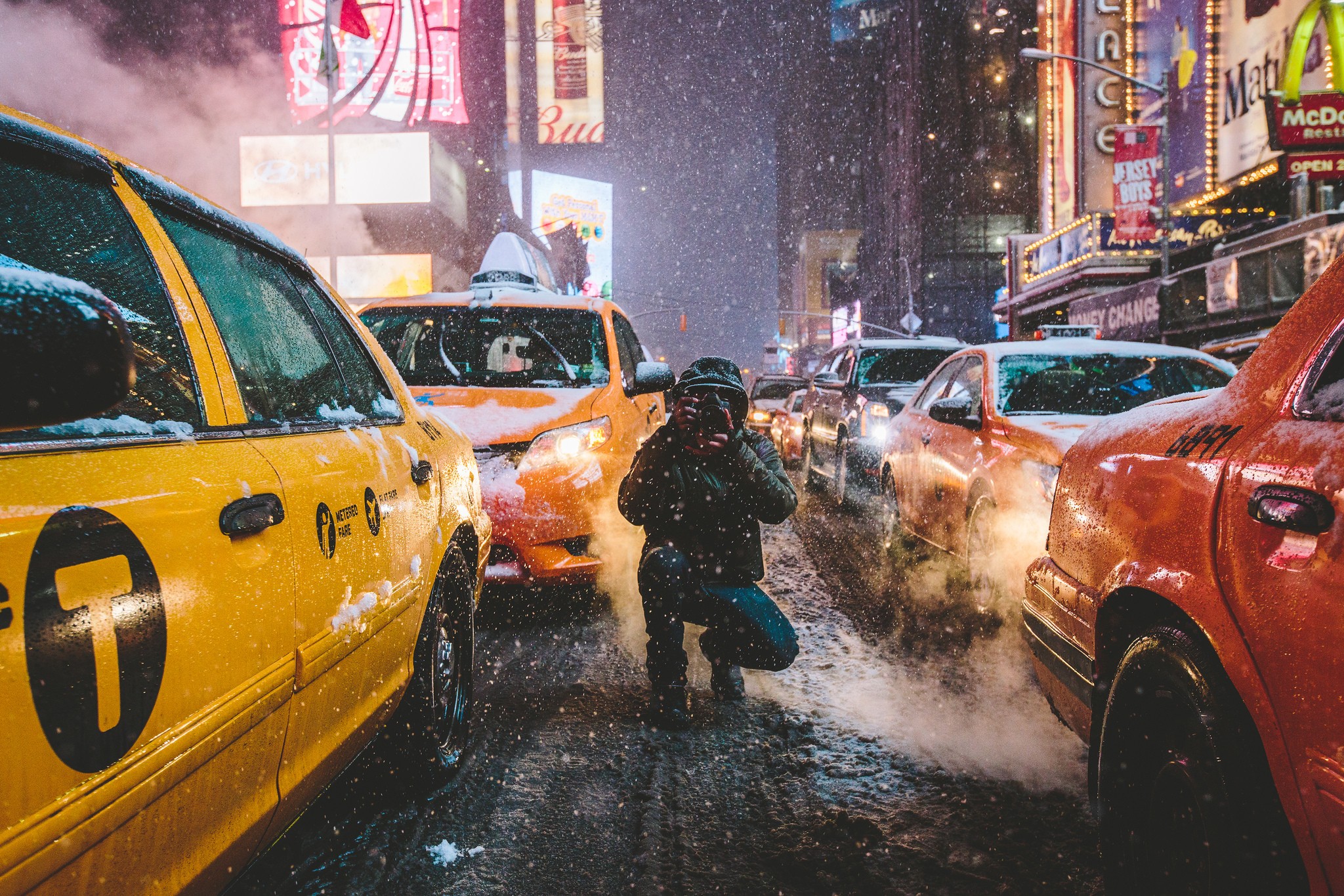 New York Taxi Street Snowfall USA Winter Night Car 2048x1365