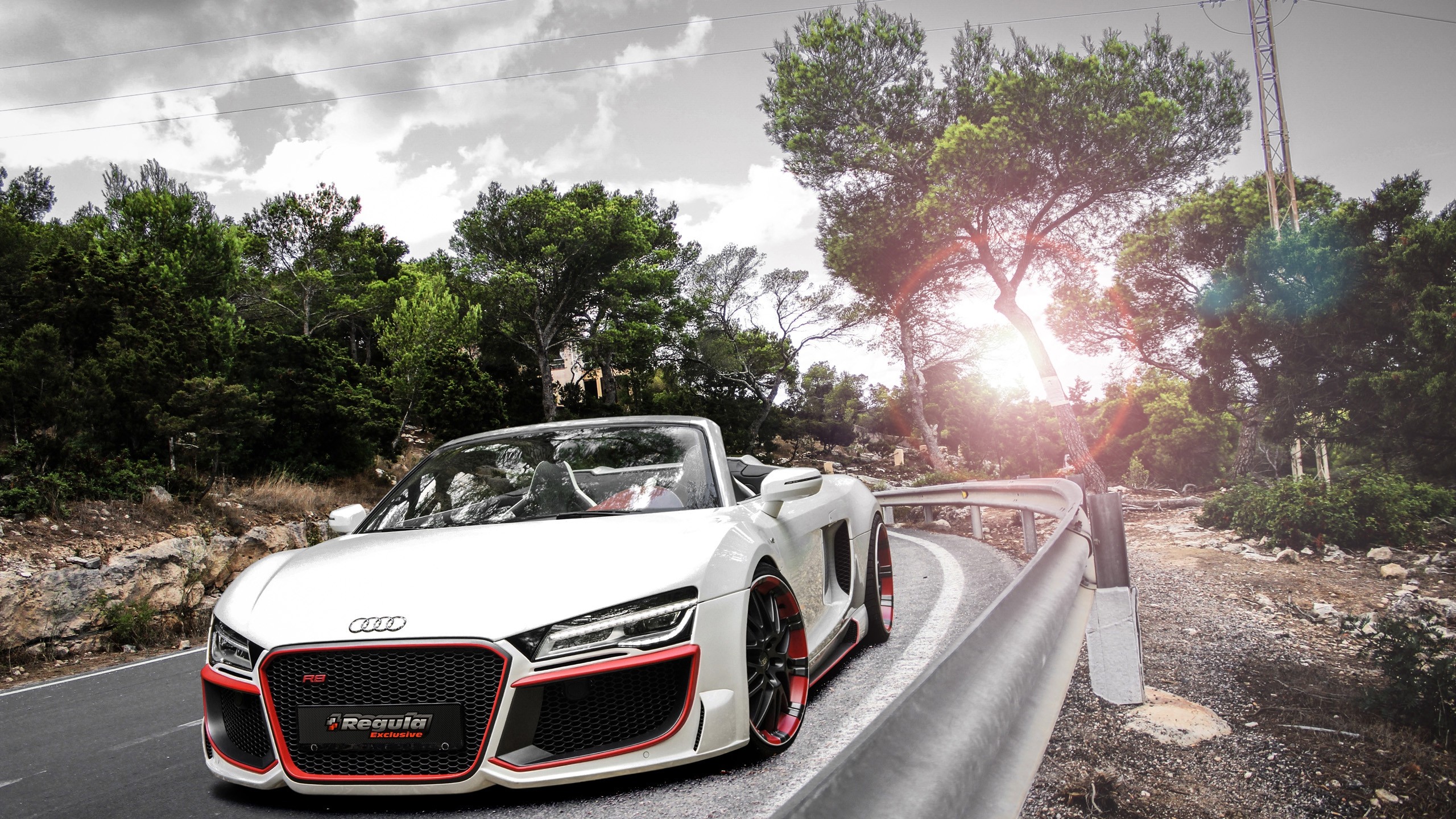 Audi Audi R8 Audi R8 Spyder White Cars Trees Road Vehicle Sunlight Clouds Front Angle View 2560x1440