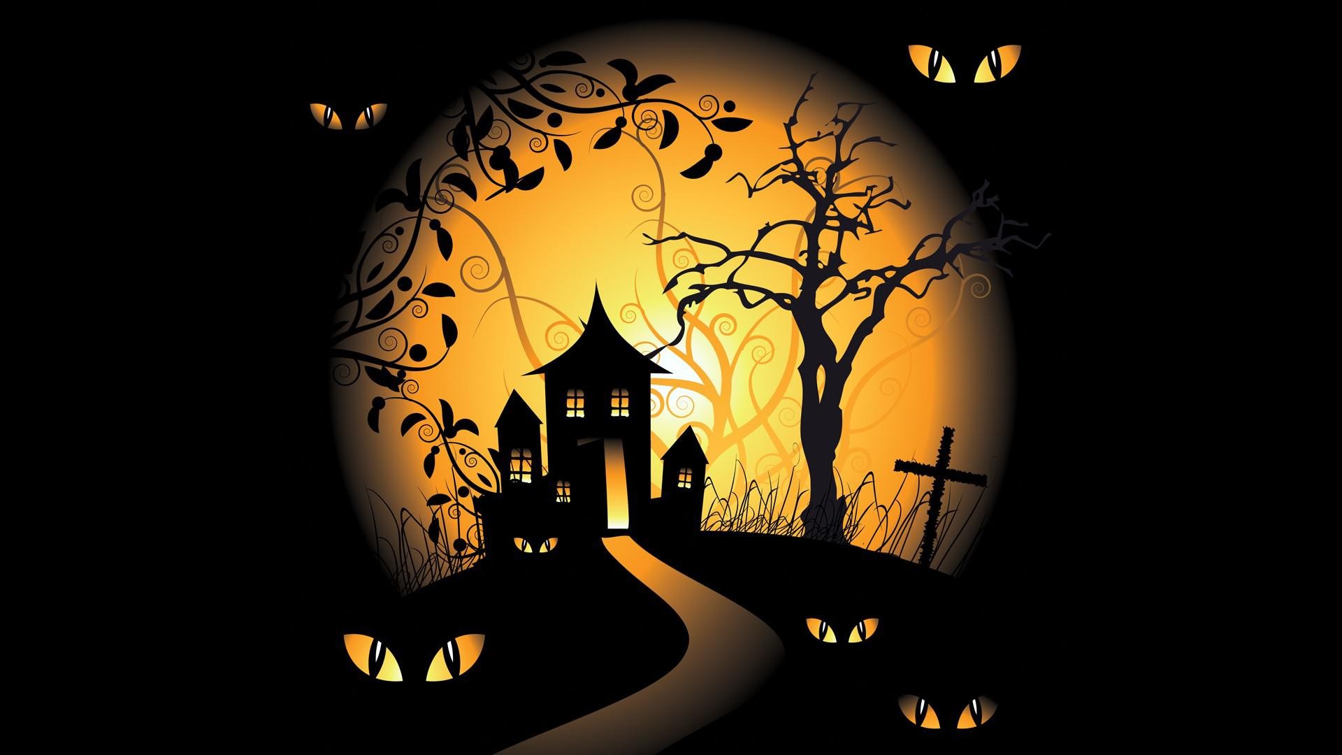 Halloween Vector Art Black Background Haunted Mansion Graveyards 1920x1080