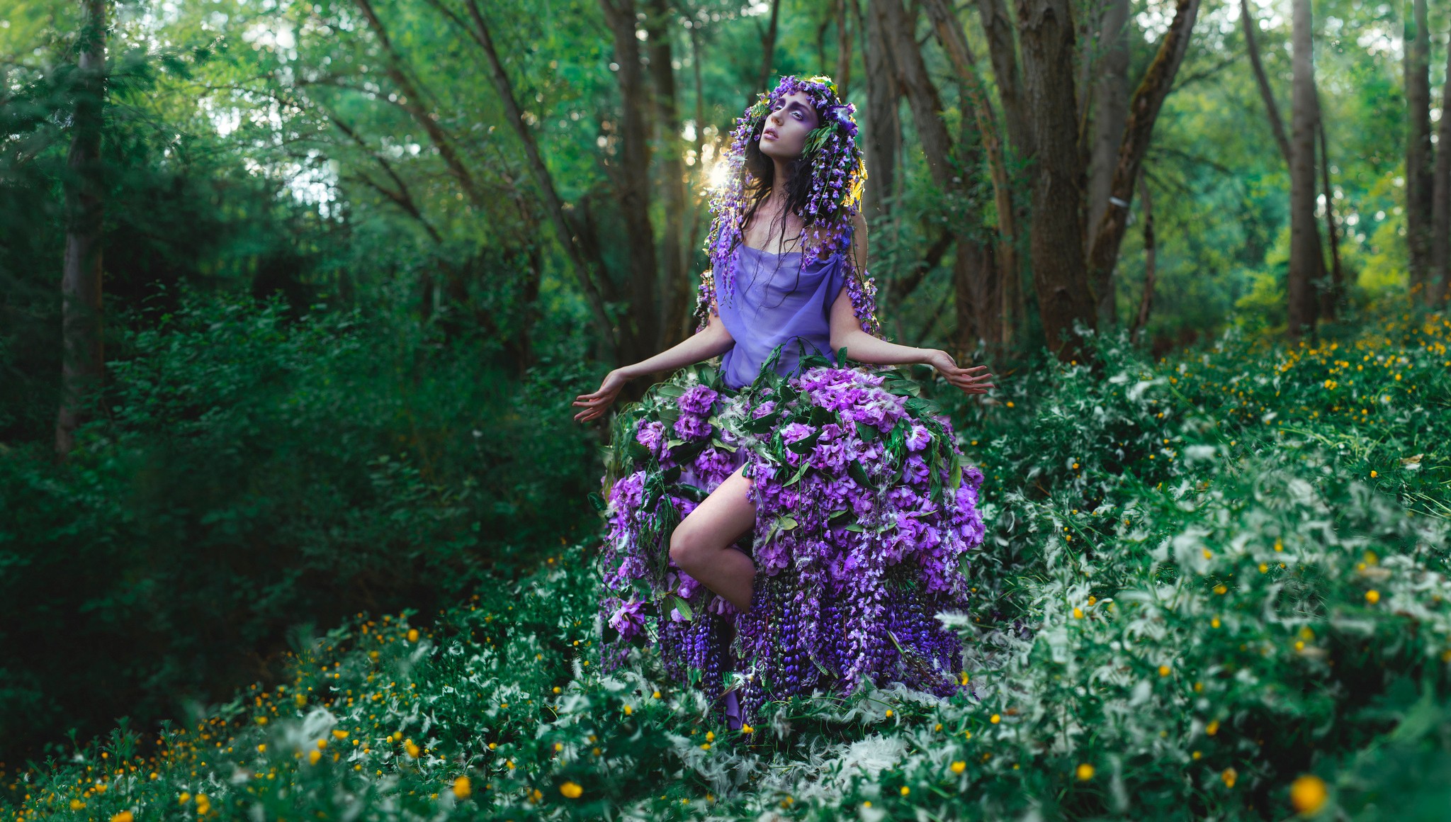 Women Model Women Outdoors Purple Clothing Flower In Hair Flower Dress Symbolism Spring Nymph 2048x1160