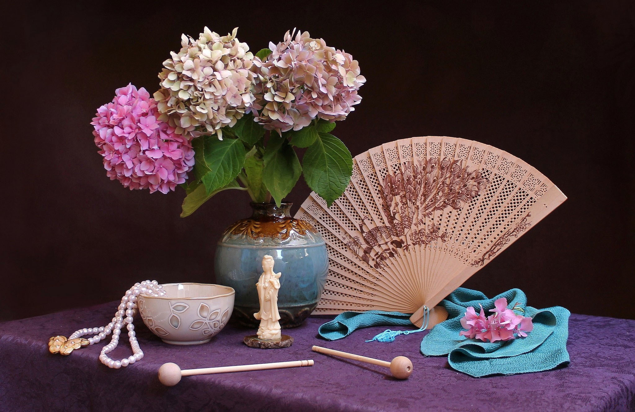 Still Life Asian Fan Hydrangea Vase Bowl Pink Flower 2048x1327