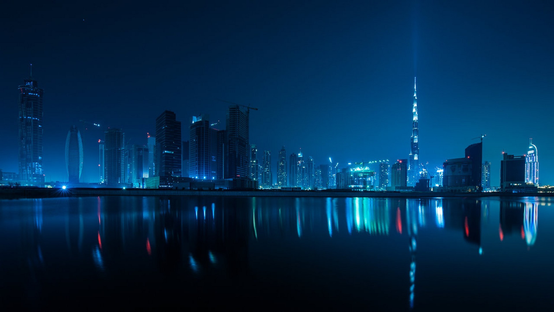 Dubai Cityscape Blue Night United Arab Emirates Arabic Burj Al Arab Burj Khalifa Reflection Water Ci 1920x1080