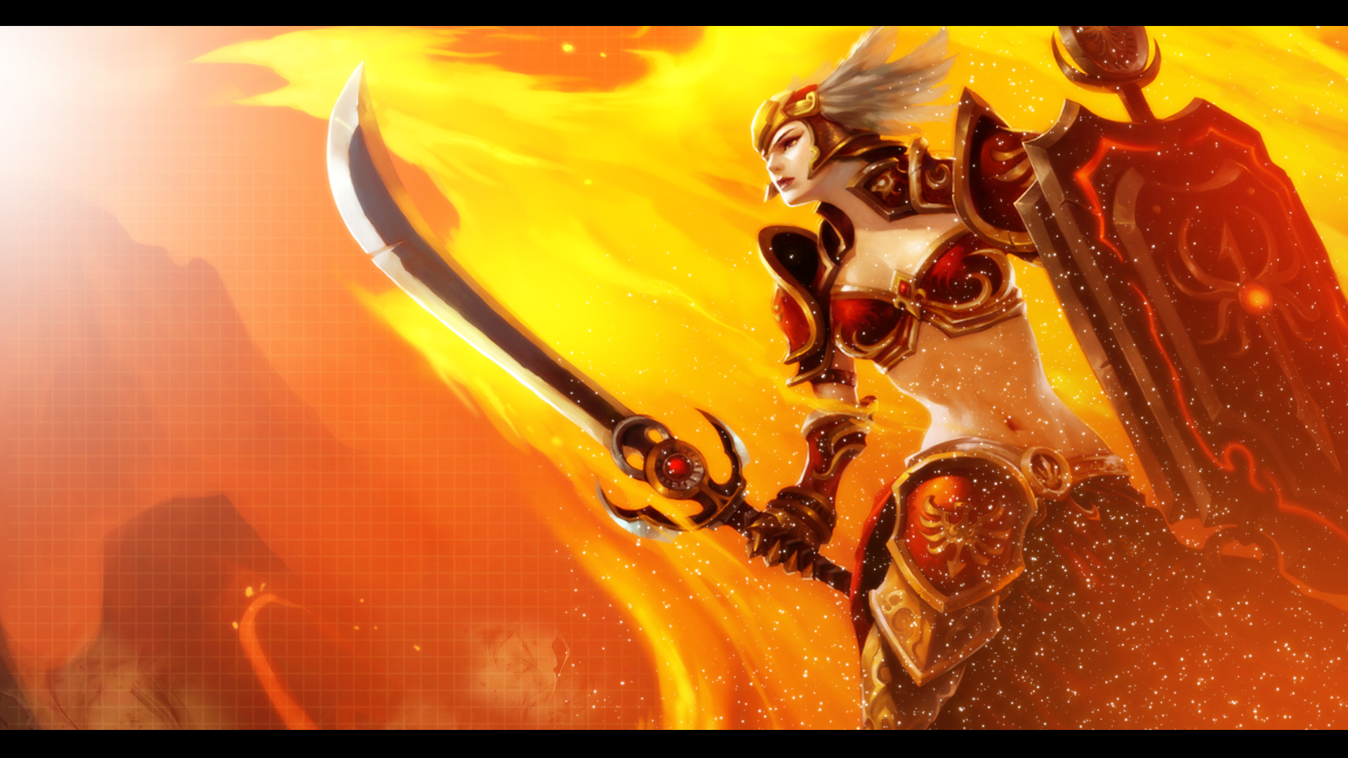 League Of Legends Leona Orange Background Sword Shield Bikini Armor Fantasy Girl 1920x1080