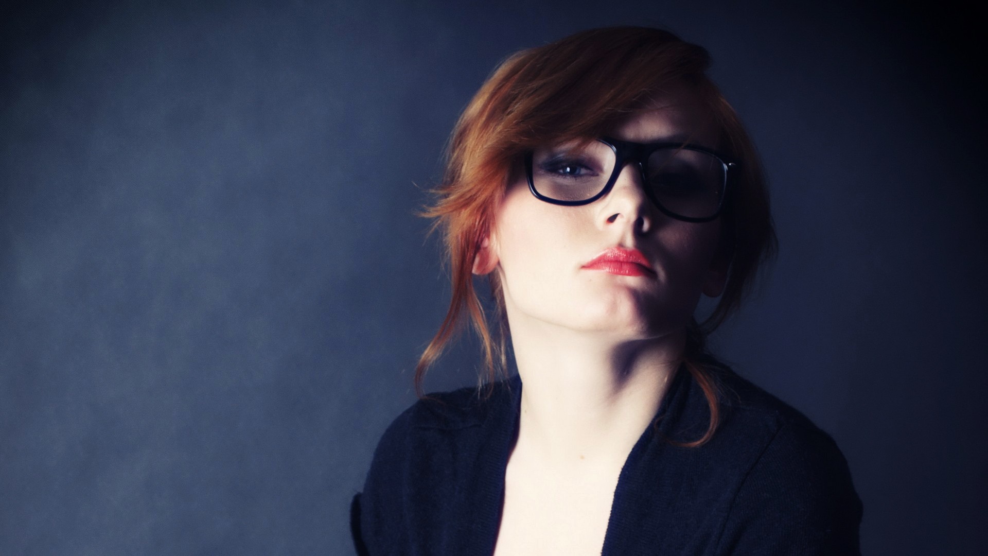 Redhead Women Nerds Women With Glasses Glasses Face Model Blue Background 1920x1080