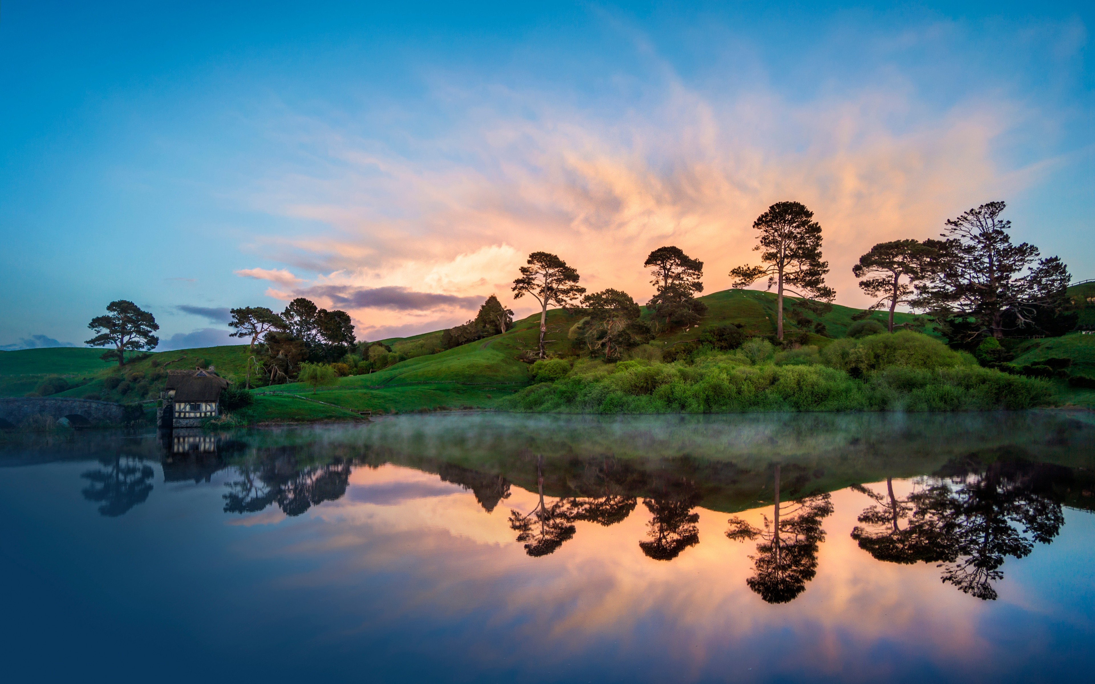 New Zealand Landscape Hobbiton Sunset Water Trees Reflection Hills Sheep Morning Sunrise Grass 3840x2400