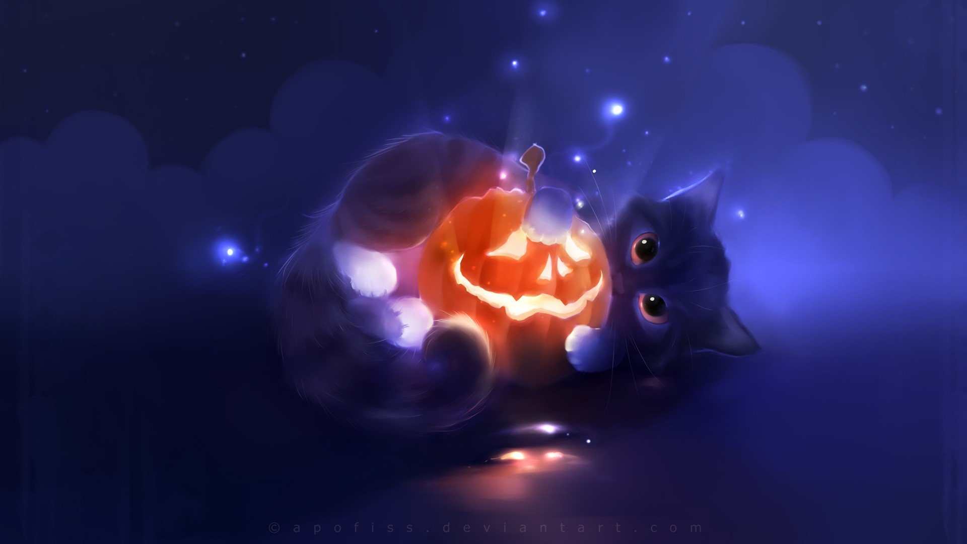 Halloween Apofiss Artwork Cats Pumpkin Glowing Fantasy Art Glowing Eyes Animals 1920x1080