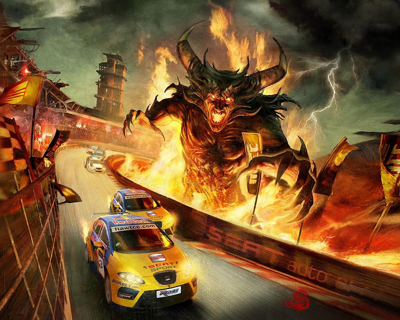 Demon Dark Fantasy Fire Flame Race Car 1280x1024
