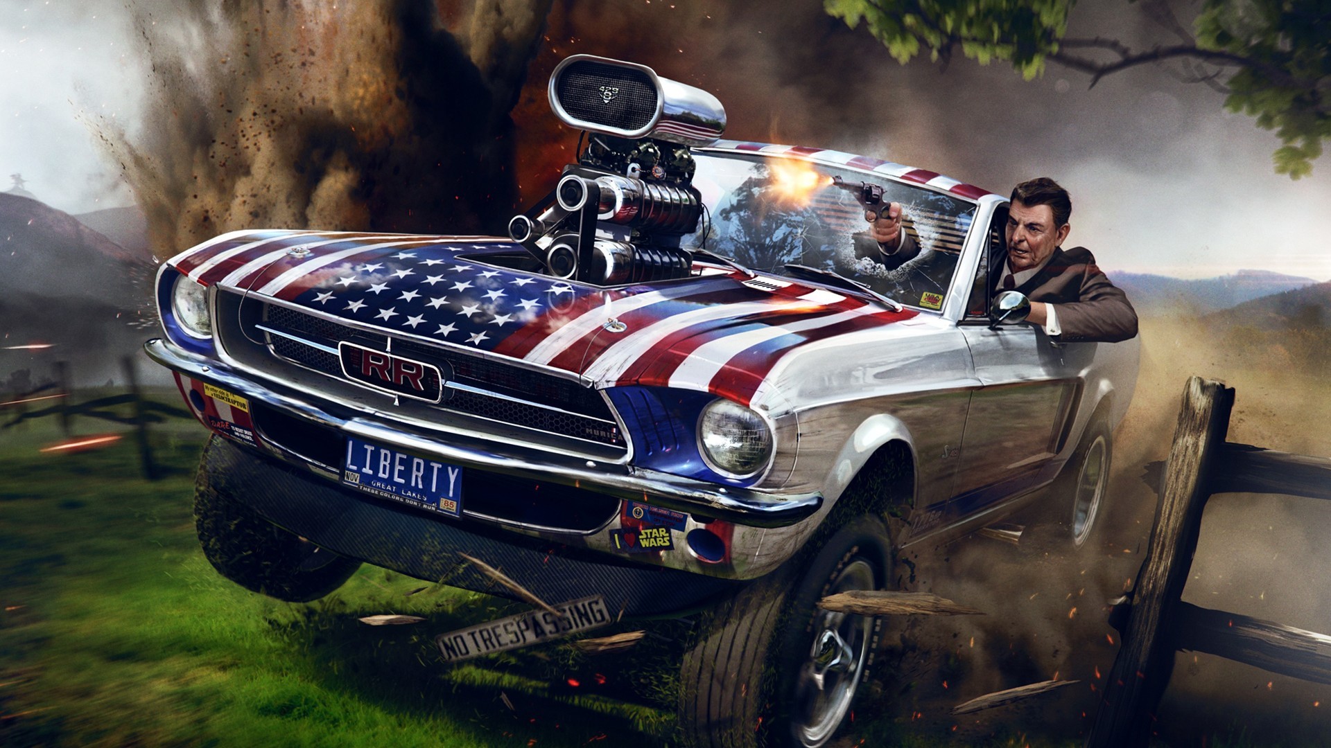 Ford Mustang Gun Explosion Hills USA Humor Car Stars And Stripes 1920x1080