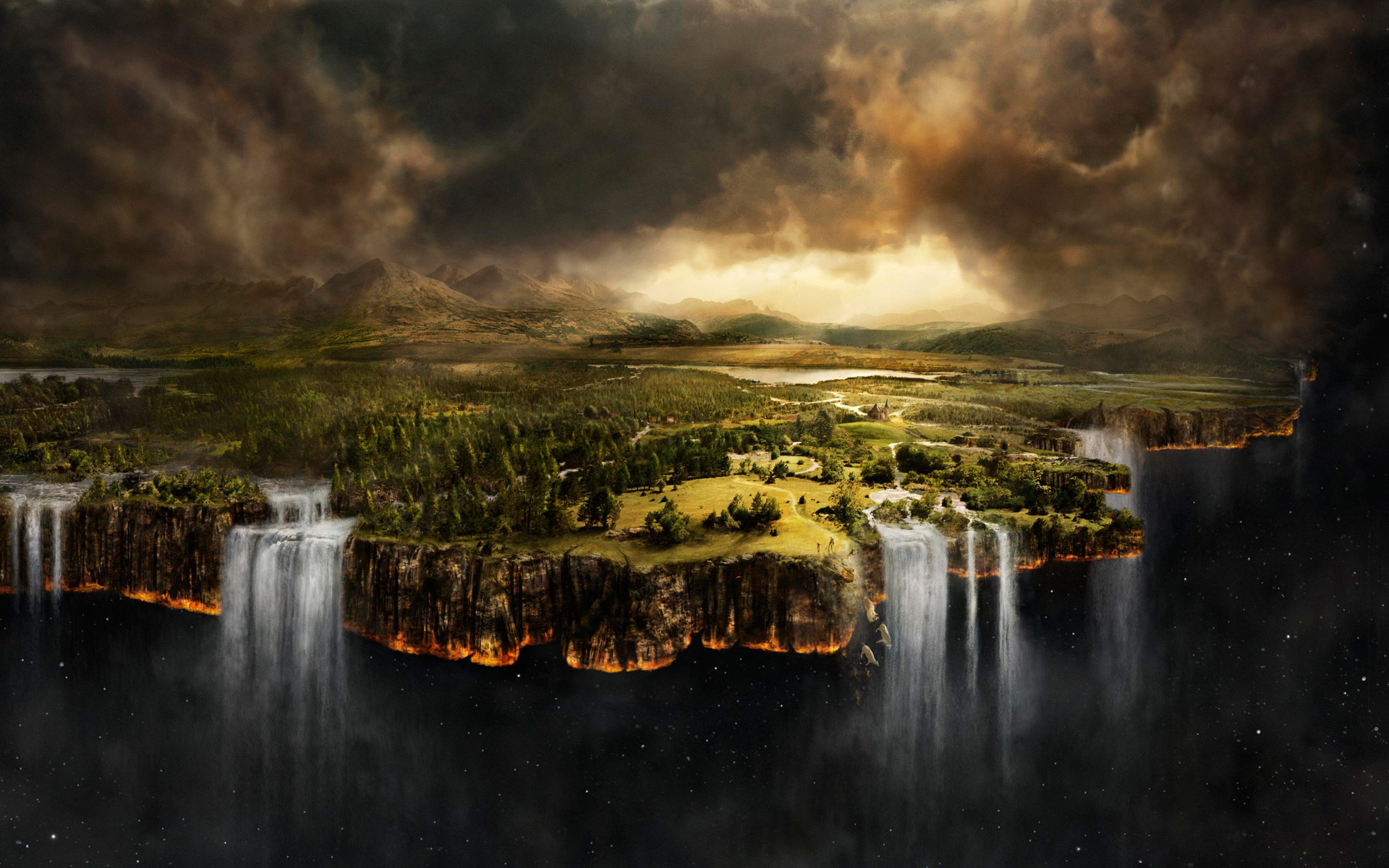 Space Clouds Landscape Waterfall Fantasy Art Matte Painting Sky Digital Art 1920x1200