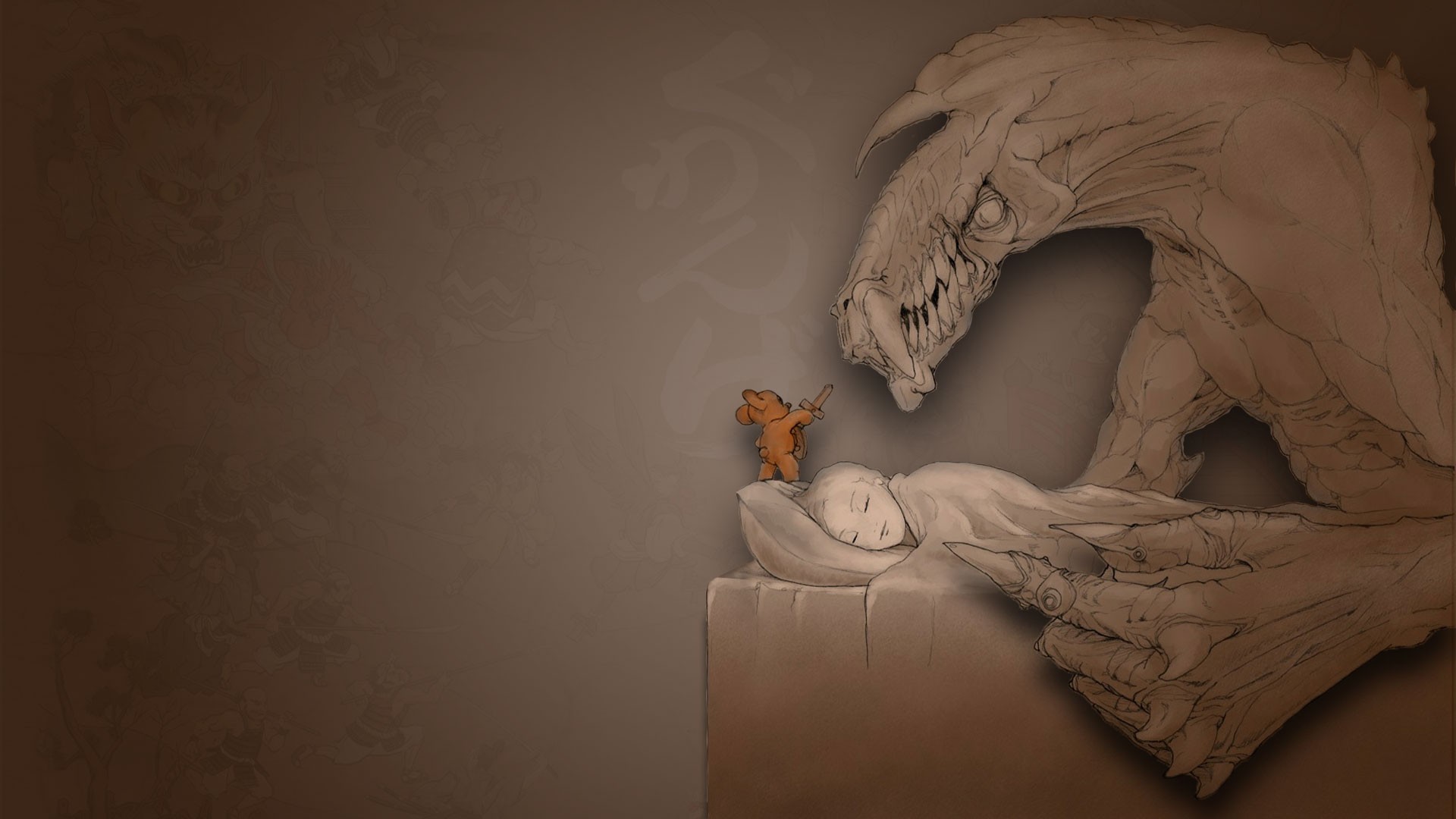 Nightmare Sleeping Spooky Protector Teddy Bears Creature Fantasy Art 1920x1080