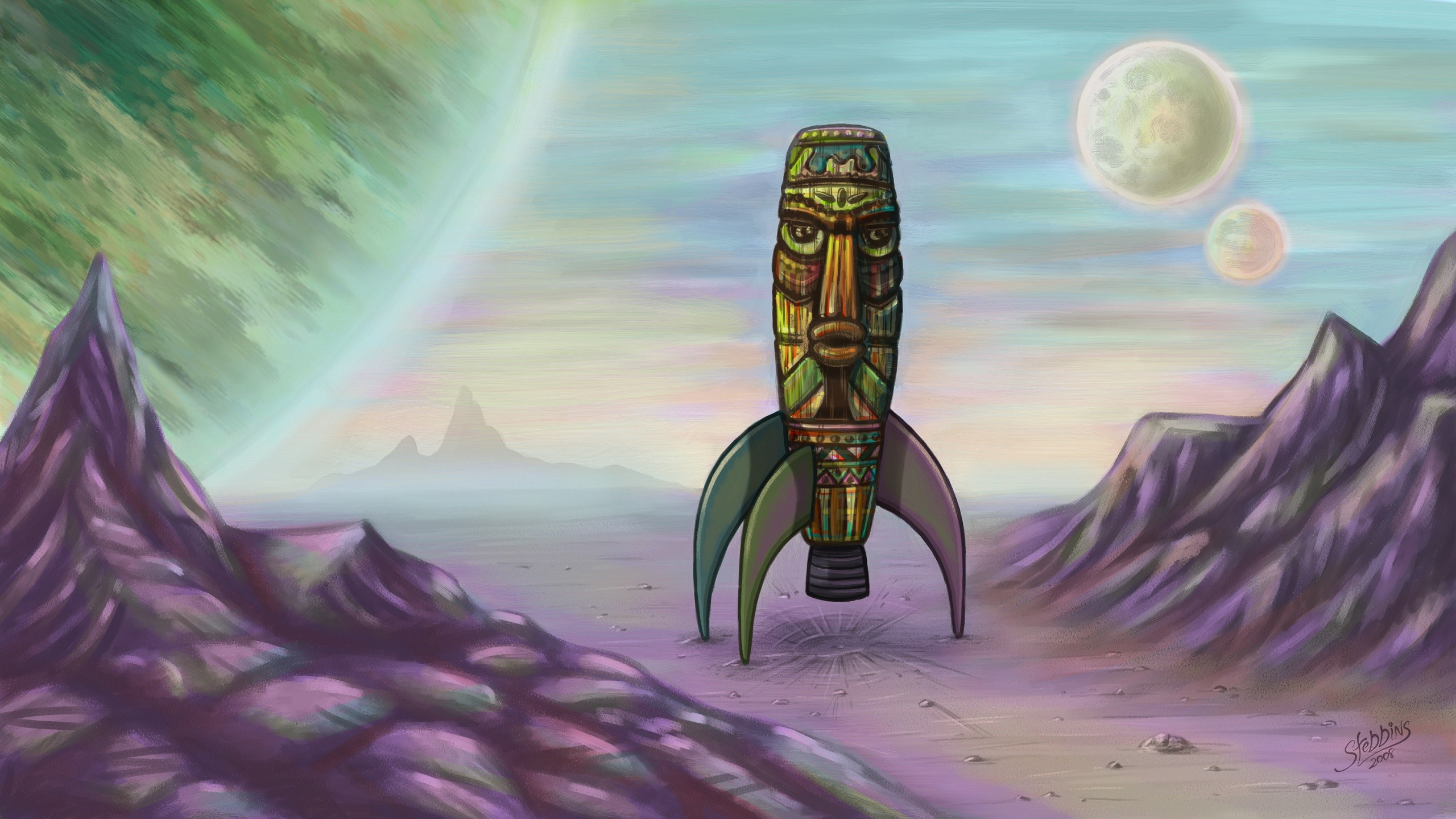 Space Vintage Totem Tiki Rocket Artwork Fantasy Art 2560x1440