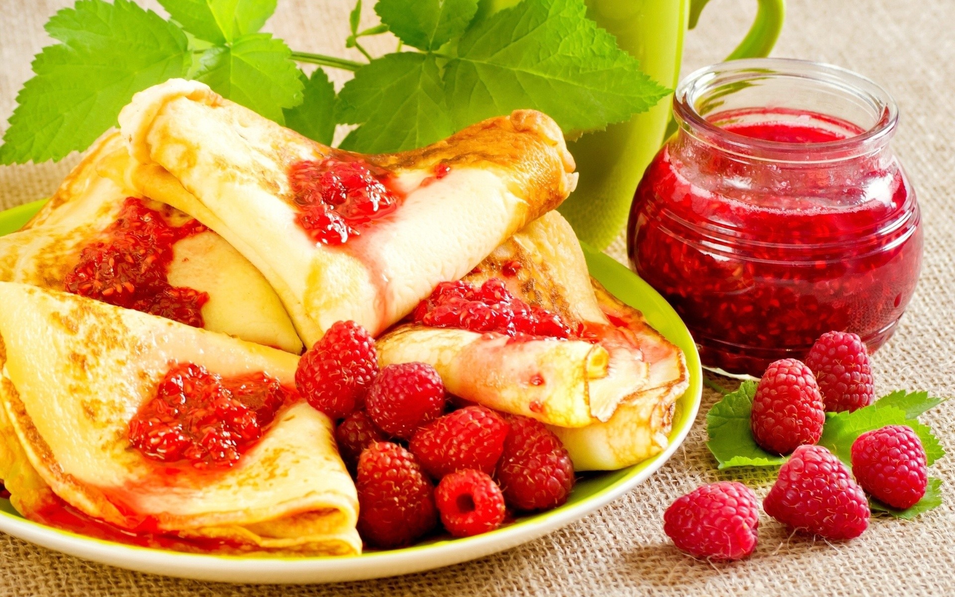Food Colorful Raspberries Fruit Pancakes Breakfast Jam Crepes 1920x1200