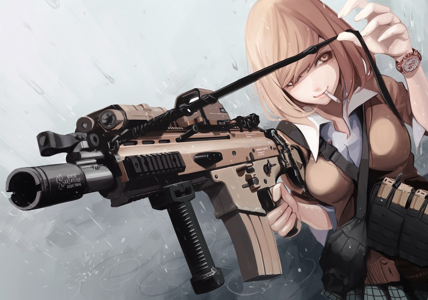 Anime Anime Original Characters Weapon Gun Blonde School Uniform Short Hair Bangs FN SCAR Anime Anim 1500x1051