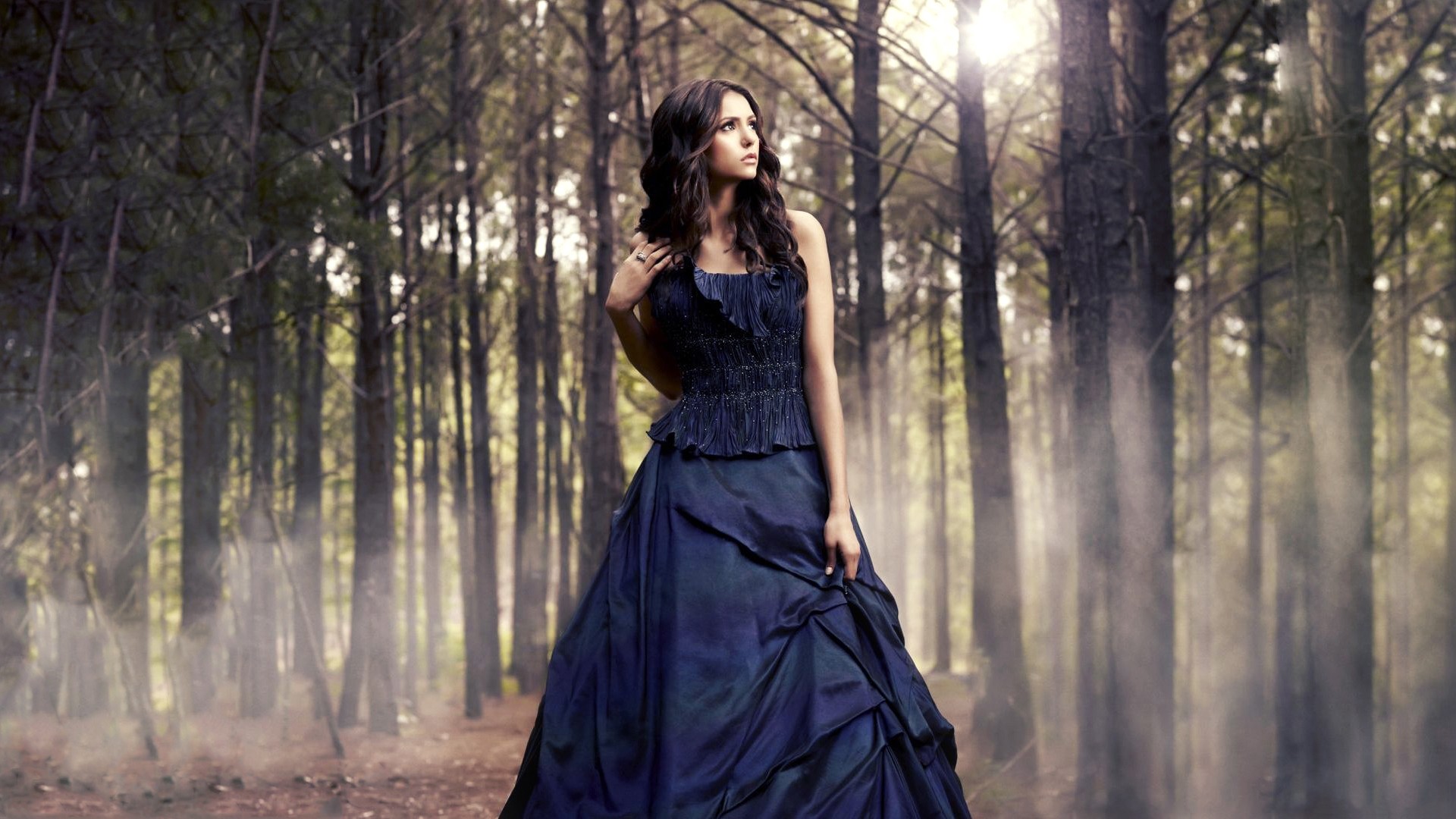 Women Nina Dobrev Forest Sunshade Dress Blue Dress Brunette 1920x1080