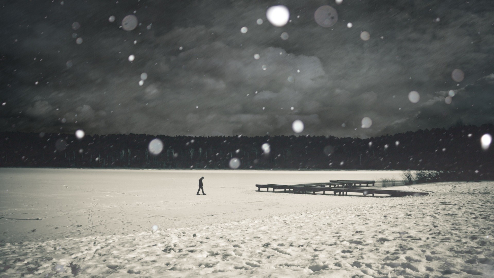 Snow Men Monochrome Winter Lake Ice Landscape People Nature Clouds Walking Trees Forest Pier Bokeh S 1920x1080