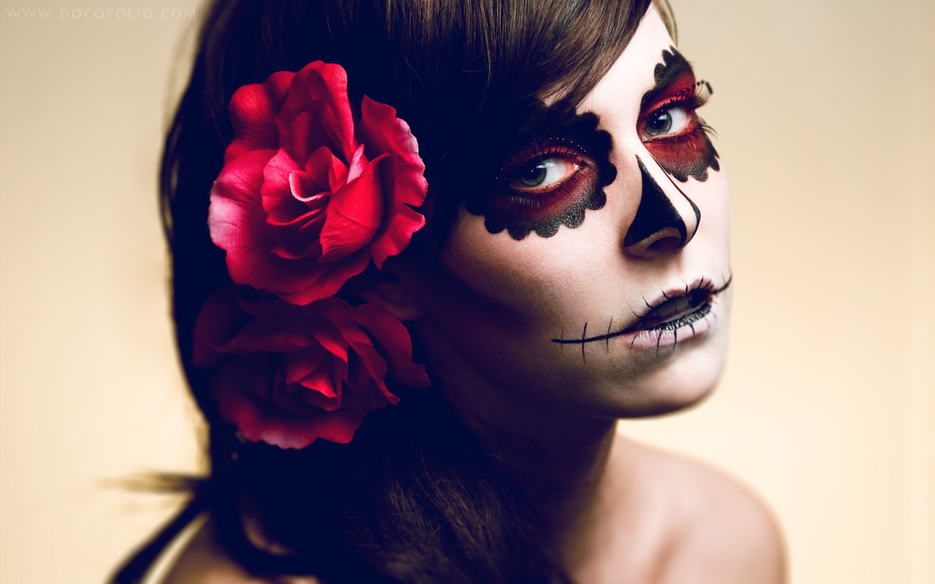 Sugar Skull Dia De Los Muertos Face Paint Women Brunette Flower In Hair Hannah Ray 1920x1200