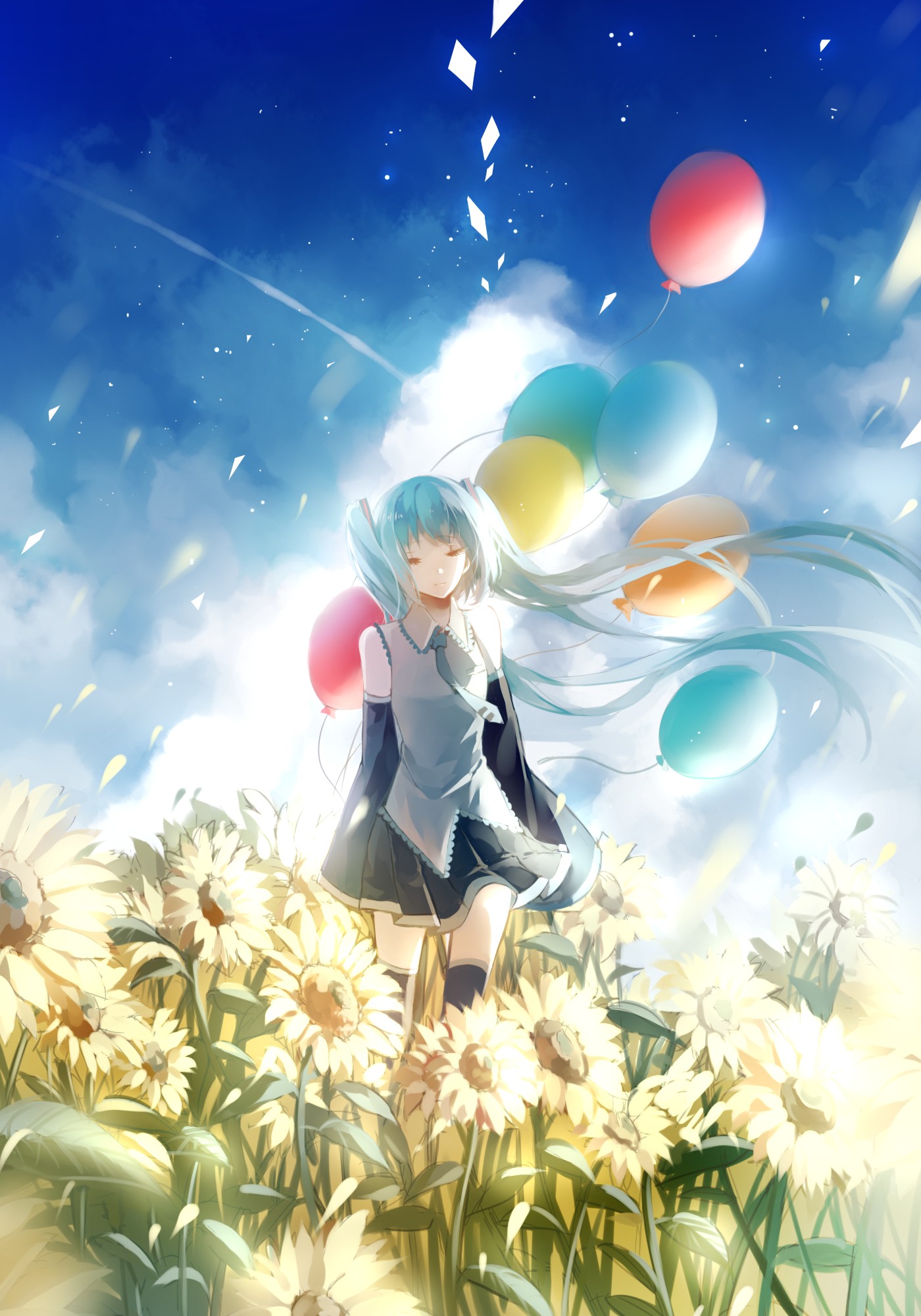 Vocaloid Hatsune Miku Long Hair Twintails Balloon Flowers Thigh Highs Neckties Skirt Flower Petals W 1400x2000