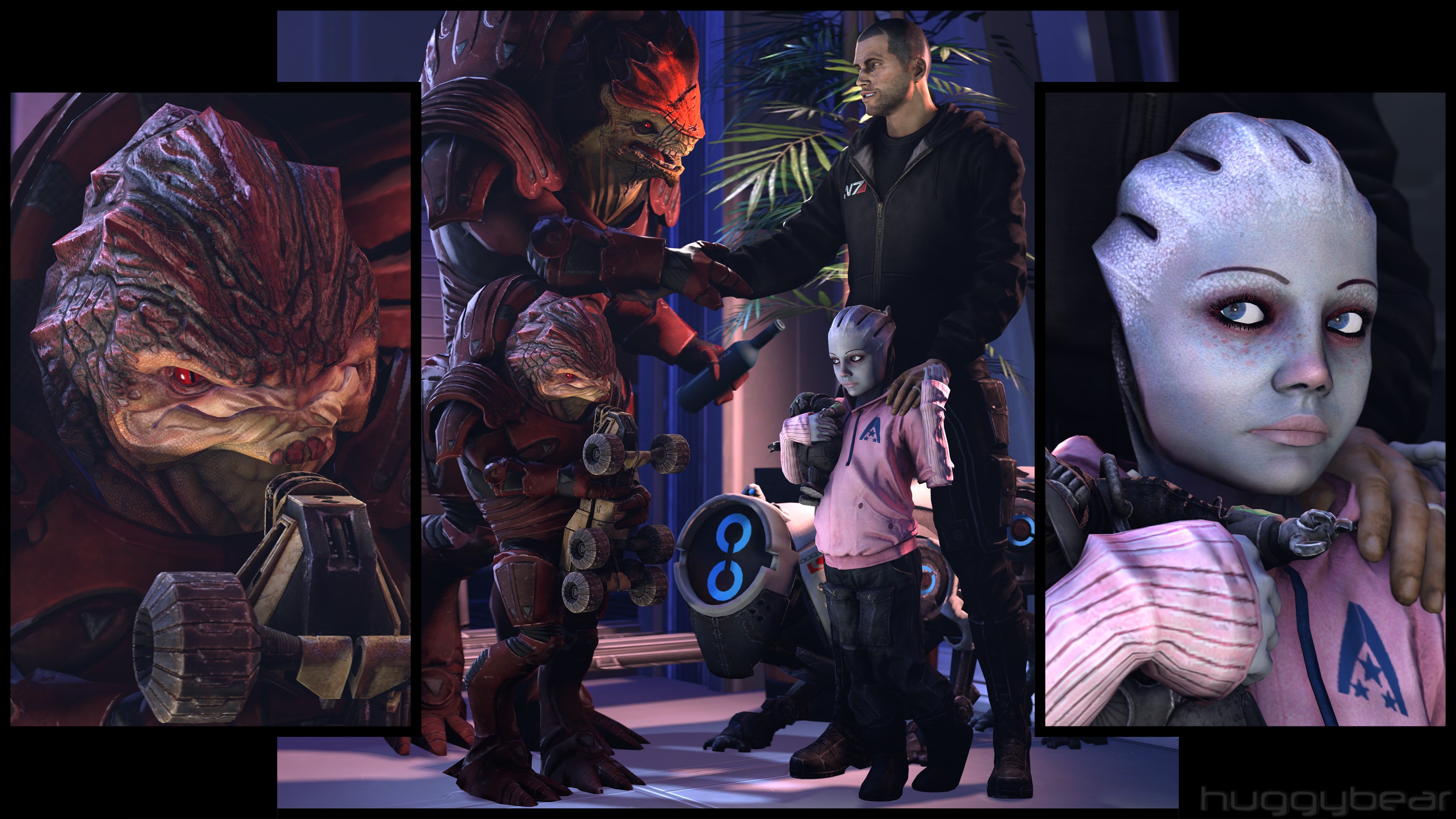 Collage Mass Effect Render Video Game Characters Commander Shepard John Shepard Wrex Urdnot Wrex Kro 3414x1920