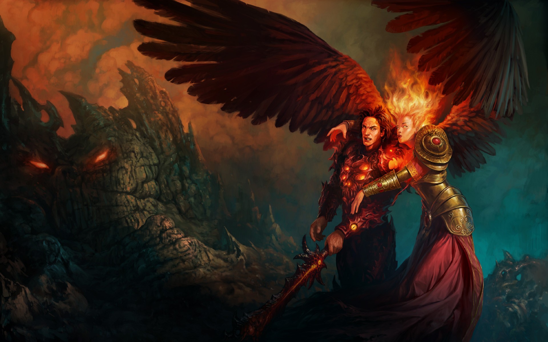 Heroes Of Might And Magic Might And Magic Artwork Fantasy Art Angel Wings Sword Women Fire 1920x1200