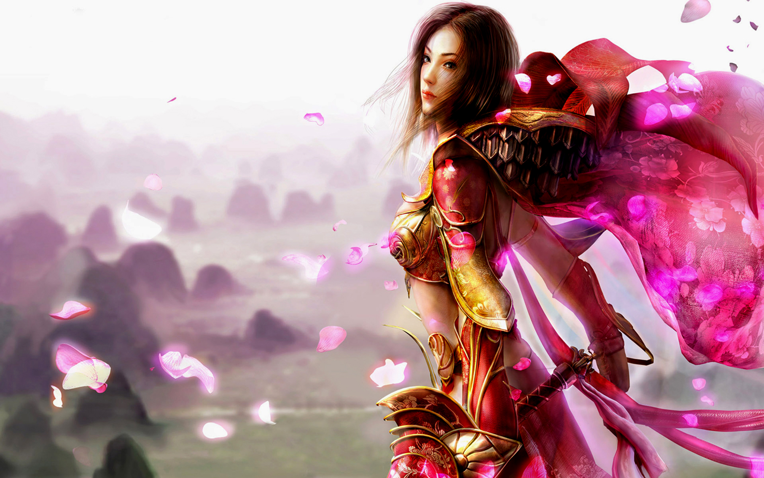 Woman Warrior Armor Sword Cloak Blossom Silk 2560x1600