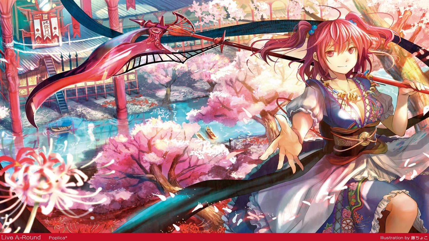 Anime Lake Boat Redhead Cherry Blossom Touhou Onozuka Komachi Scythe 1366x768
