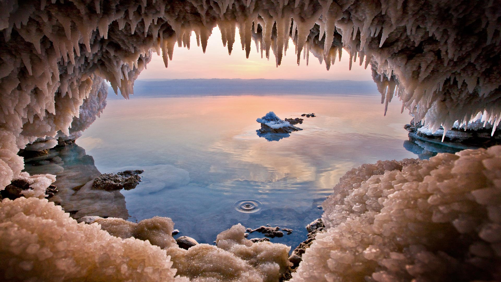 Nature Landscape Water Sea Jordan Country Dead Sea Cave Sunset Salt Reflection Rock 1920x1080