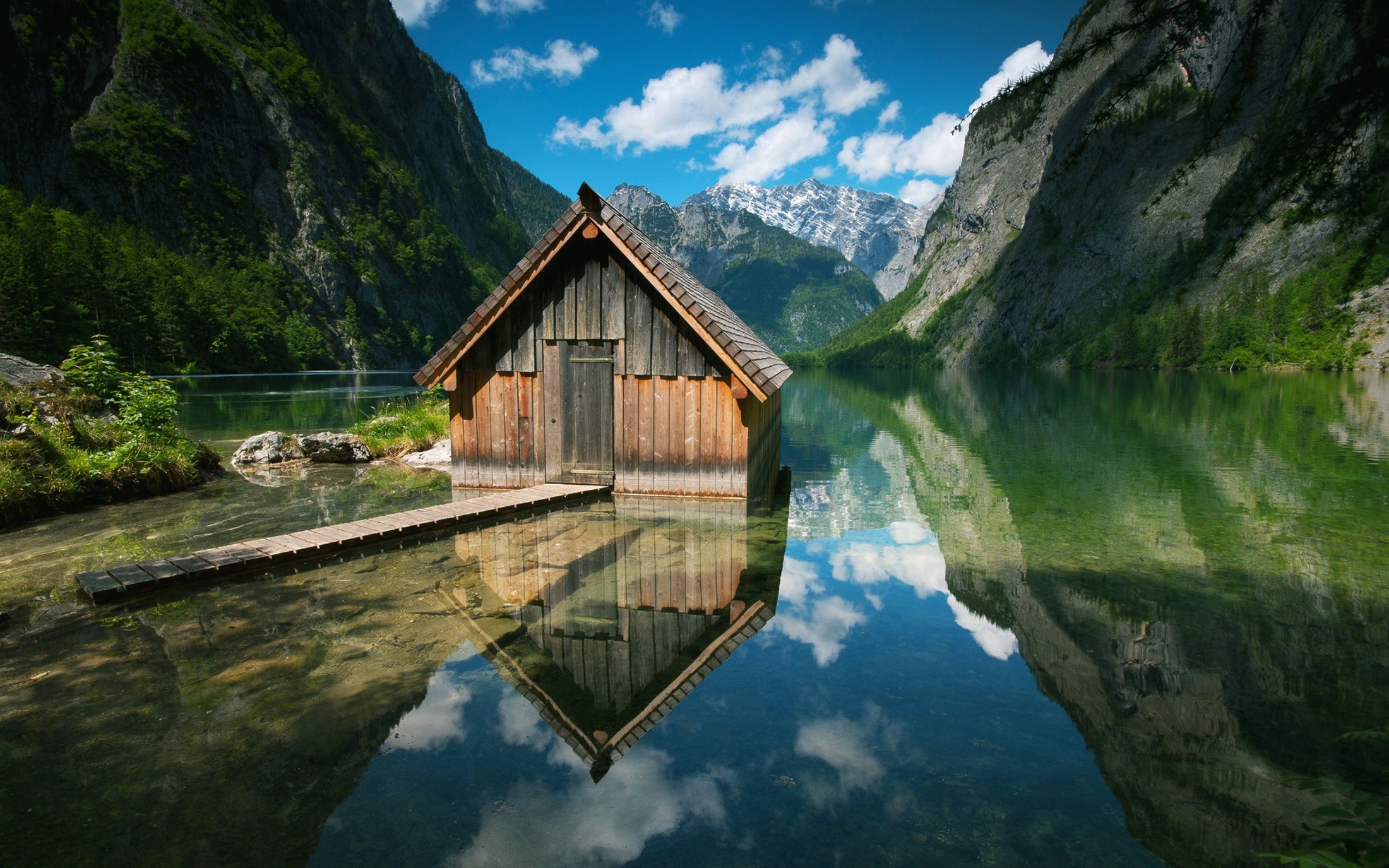 Cabin Boathouses Landscape Mountains Obersee Obersee Lake 2200x1375