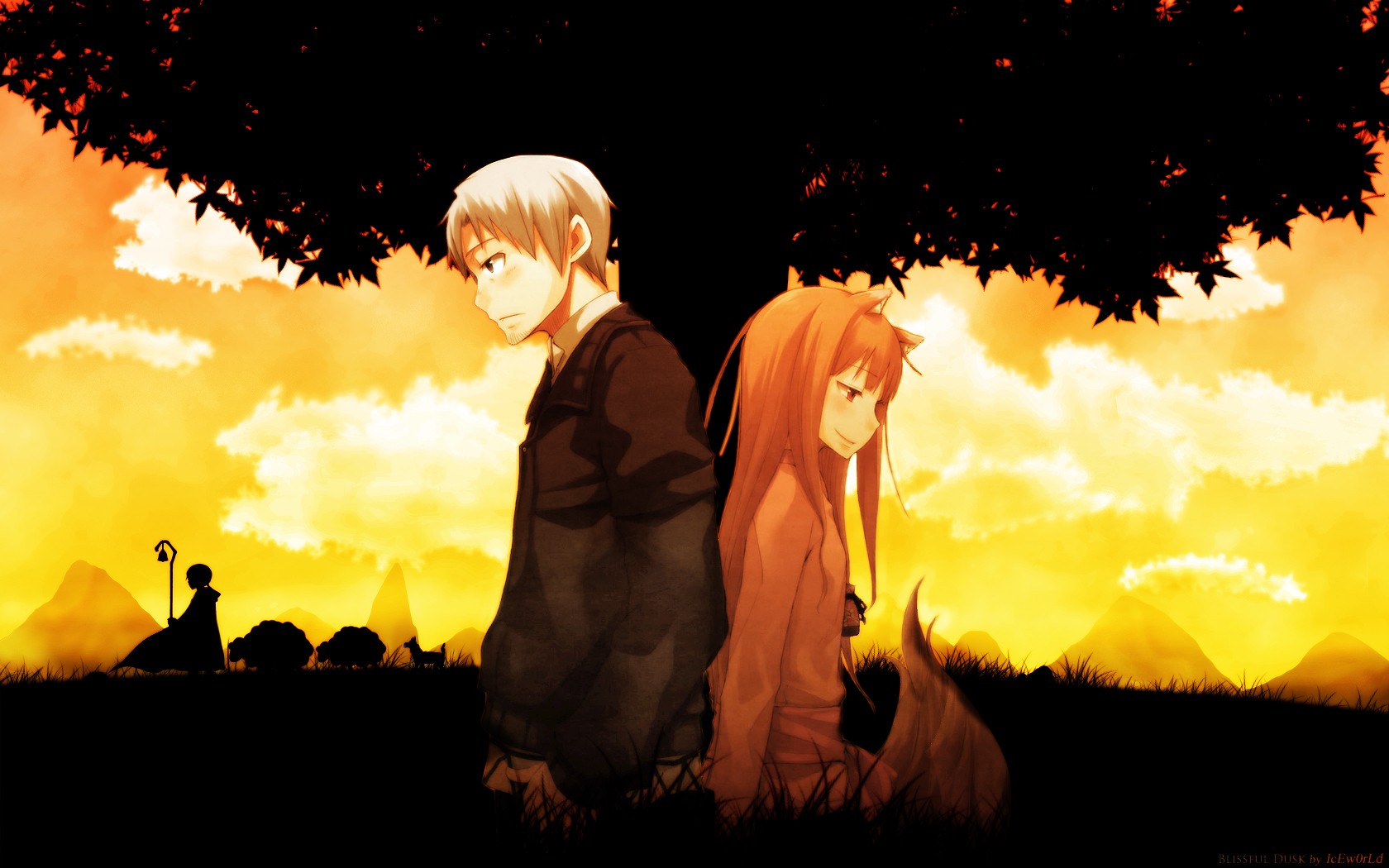 Spice And Wolf Holo Silhouette Trees Redhead White Hair Okamimimi Anime Boys Anime Girls 1680x1050